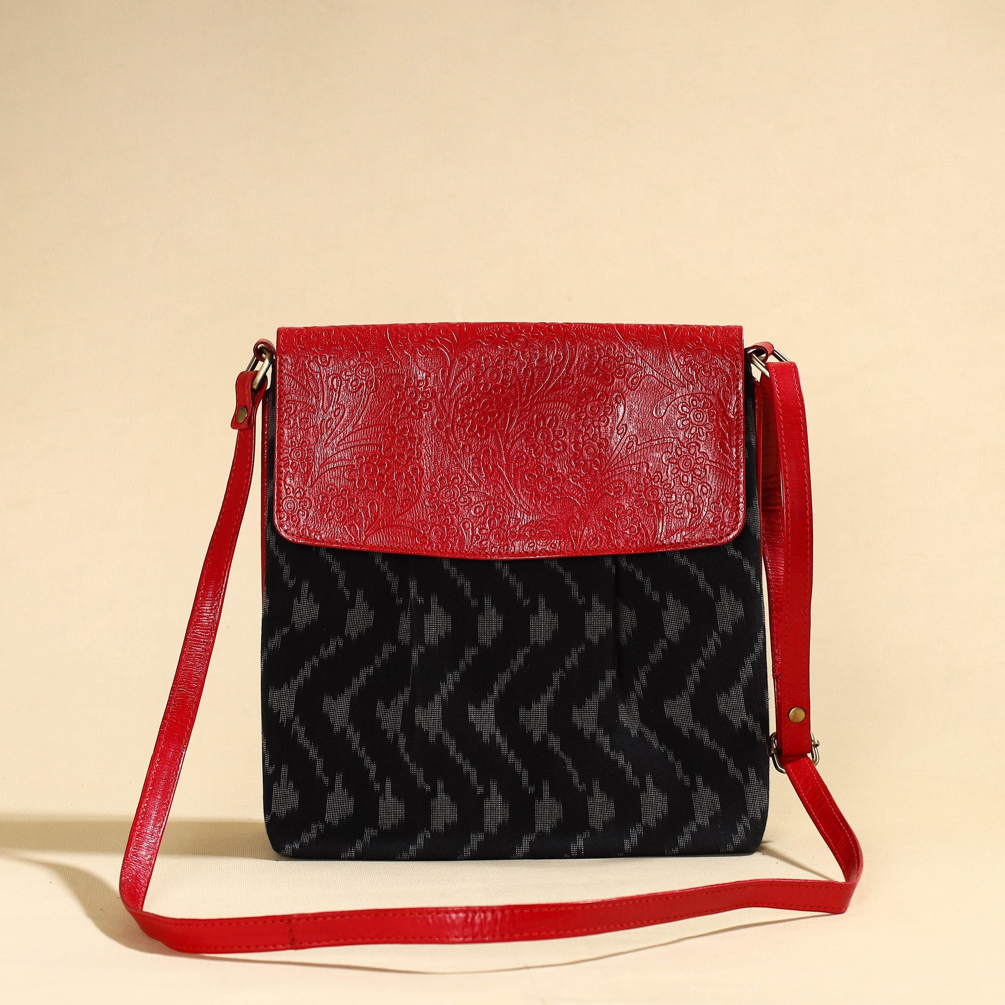 ASALKAAR Black - Handcrafted Ikat Fabric Sling Bag with Embossed Leather Flap - view 2
