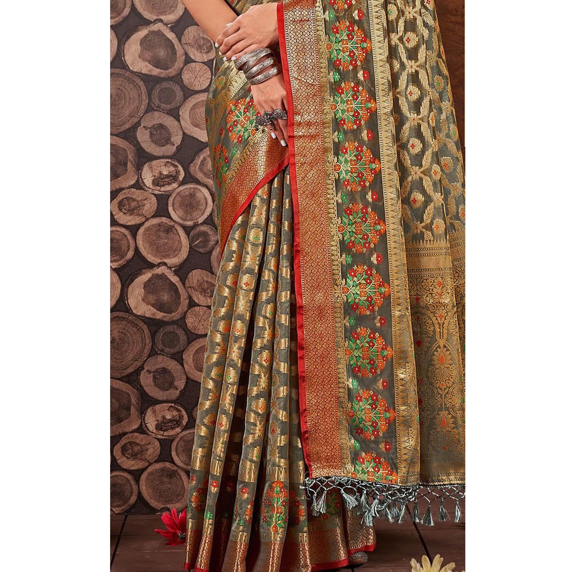 Peachmode Grey Woven Organza Saree With Tassels - view 4