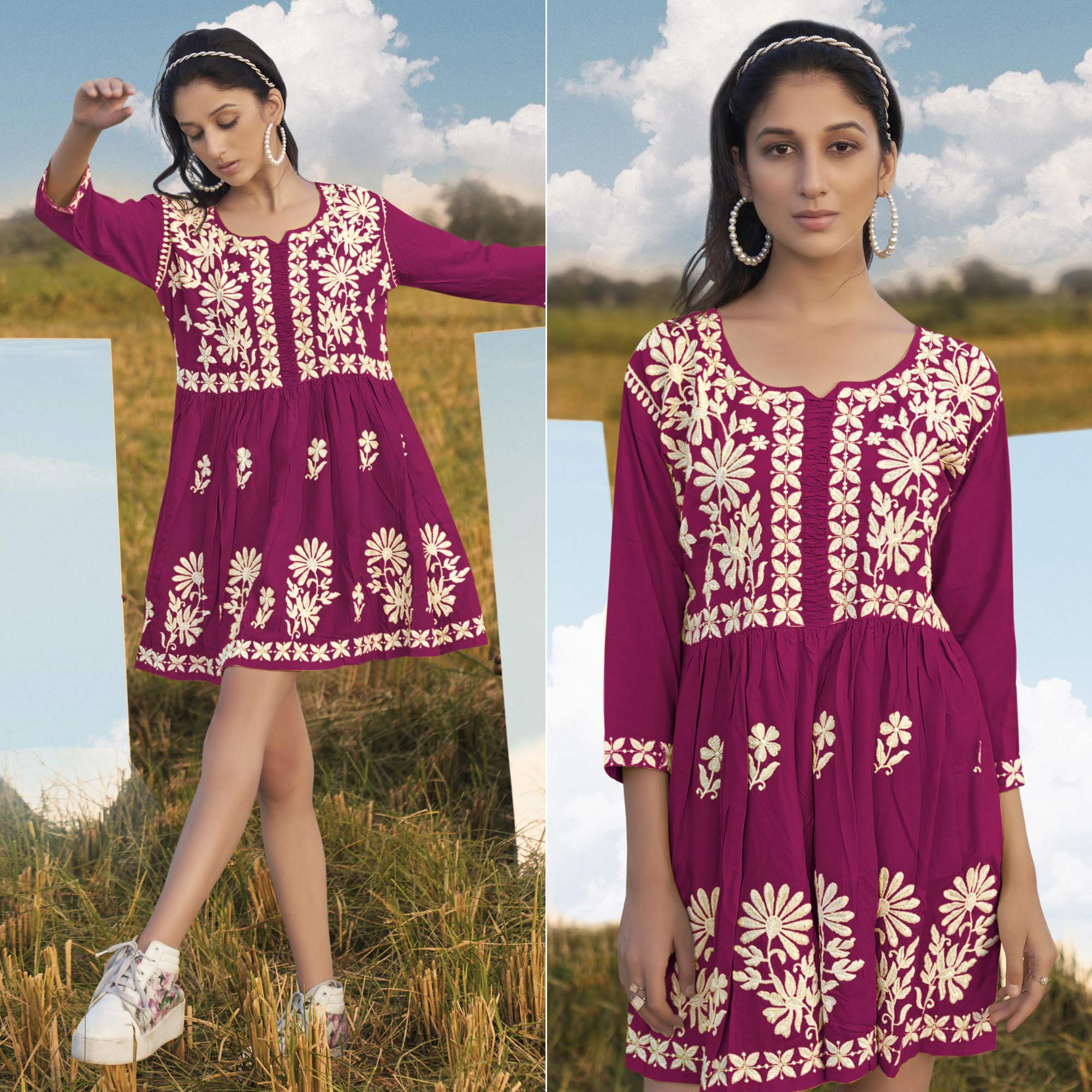 Peachmode Magenta Pink Lucknowi Embroidered Rayon Tunic