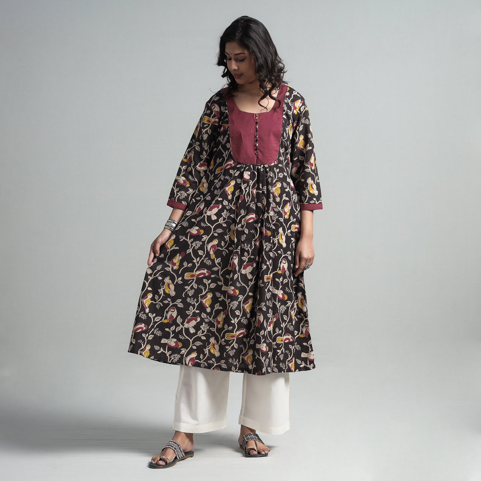 ITOKRI CASUALS Black - Kalamkari Printed Cotton A-Line Long Kurta with Patchwork - view 4