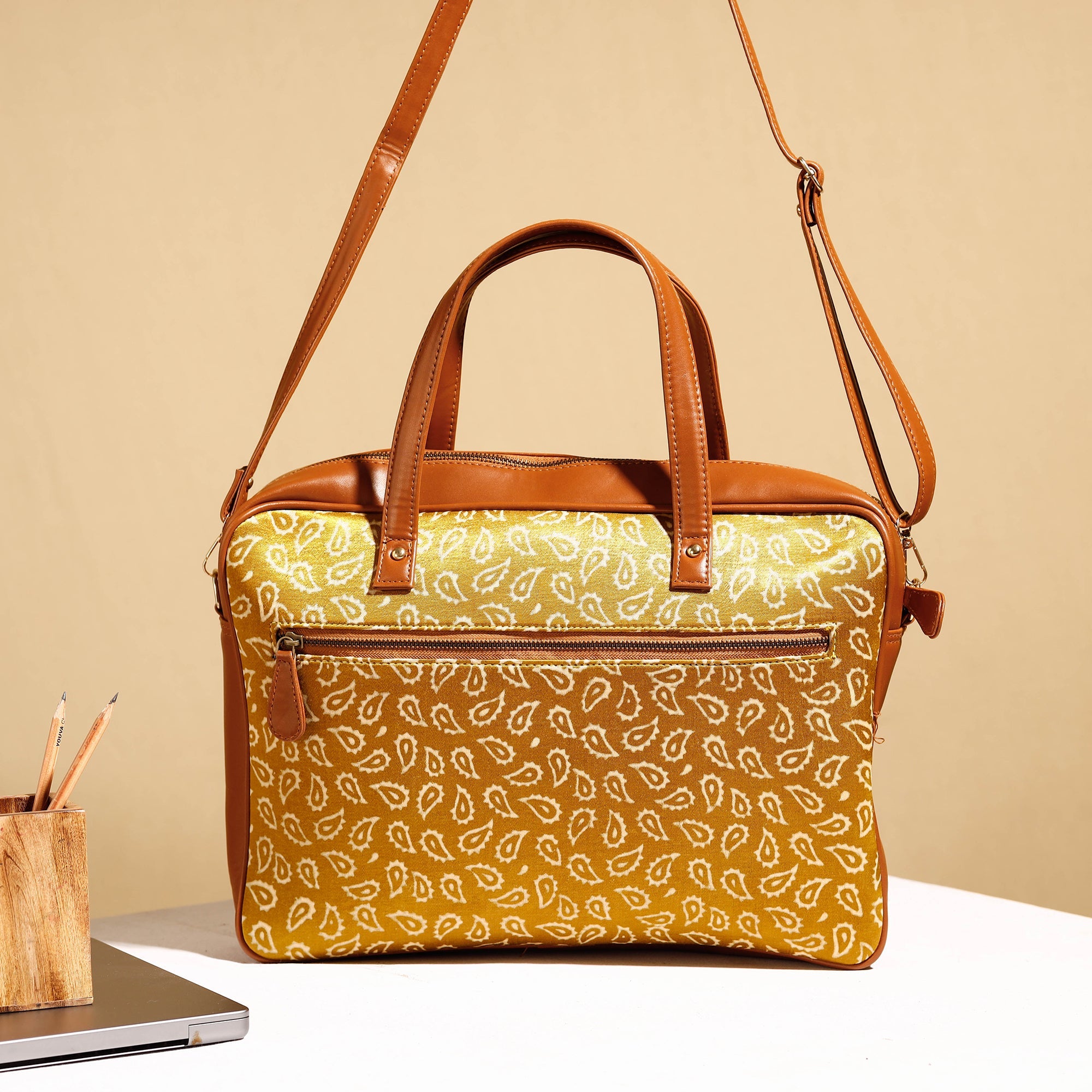 ITOKRI CRAFTS INITIATIVE Brown - Handcrafted Ajrakh Block Printed Modal Silk Laptop Bag (15 x 13 in) - view 3