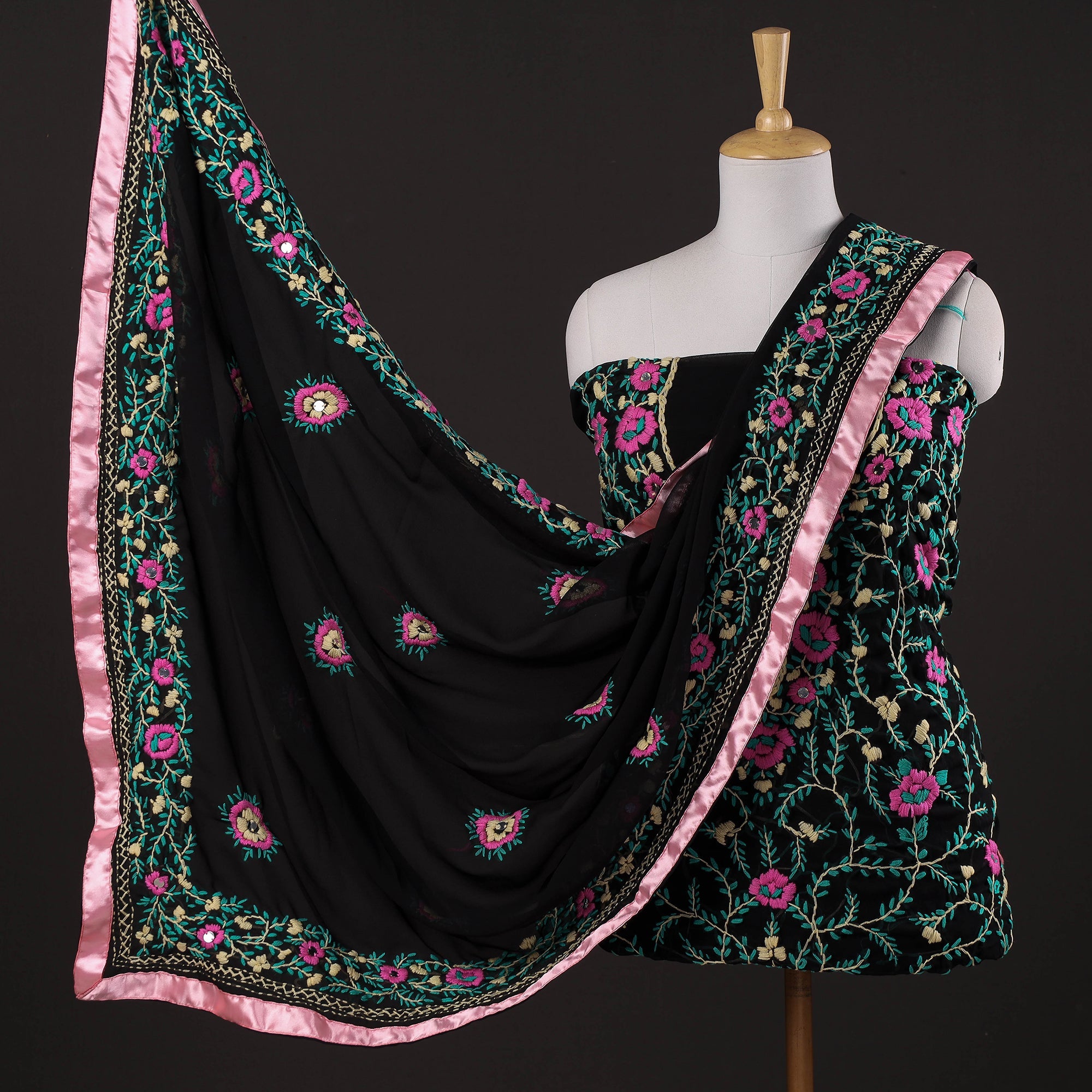 ITOKRI CRAFTS INITIATIVE Black - 3pc Phulkari Embroidery Georgette Suit Material Set
