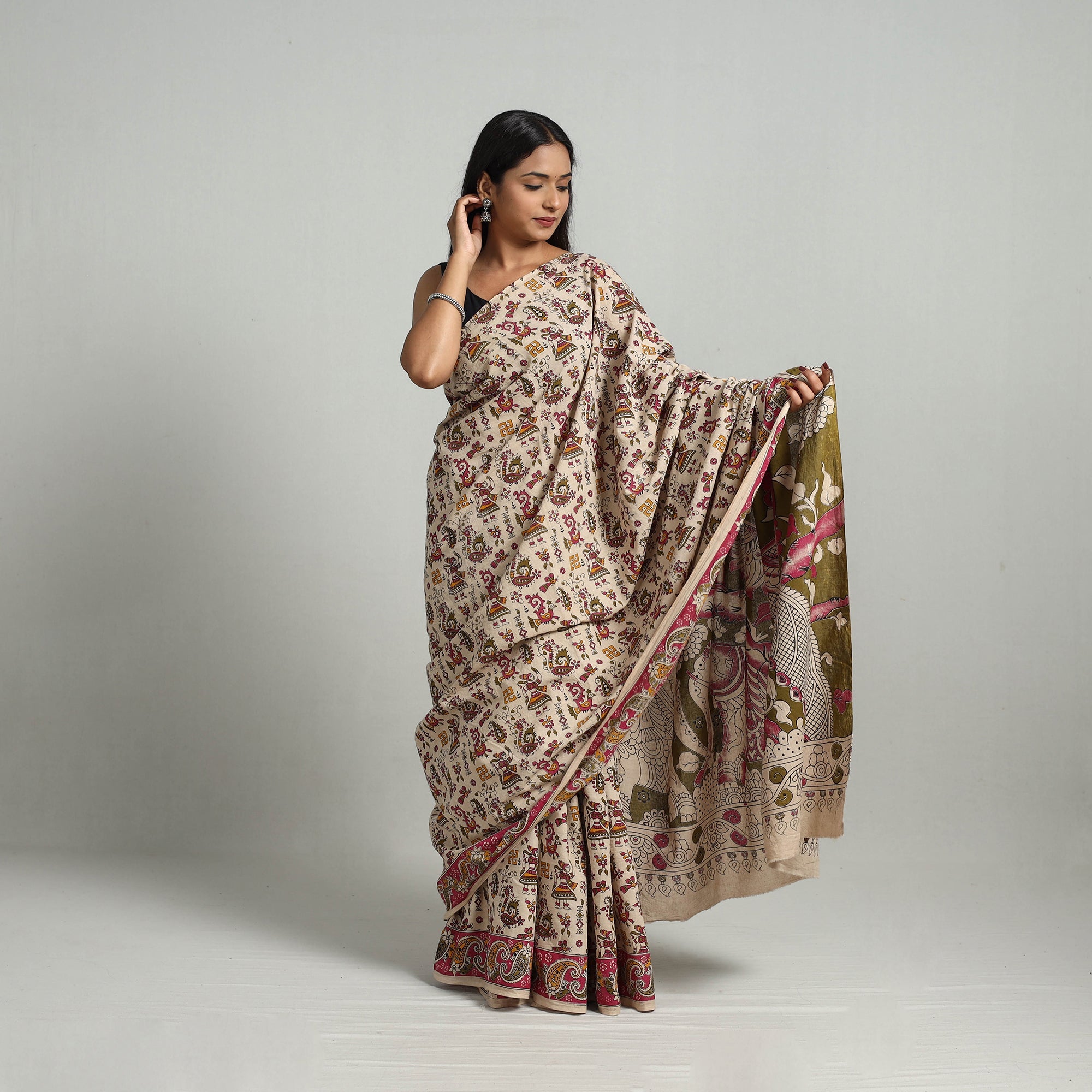 SOUTH KARGHA Beige - Kalamkari Print Cotton Saree with Blouse 13 - view 2