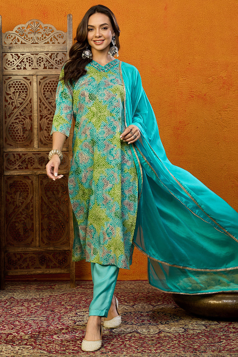 Ahika Blue Cotton Blend Bandhani Printed Straight Suit Set PKSKD2441