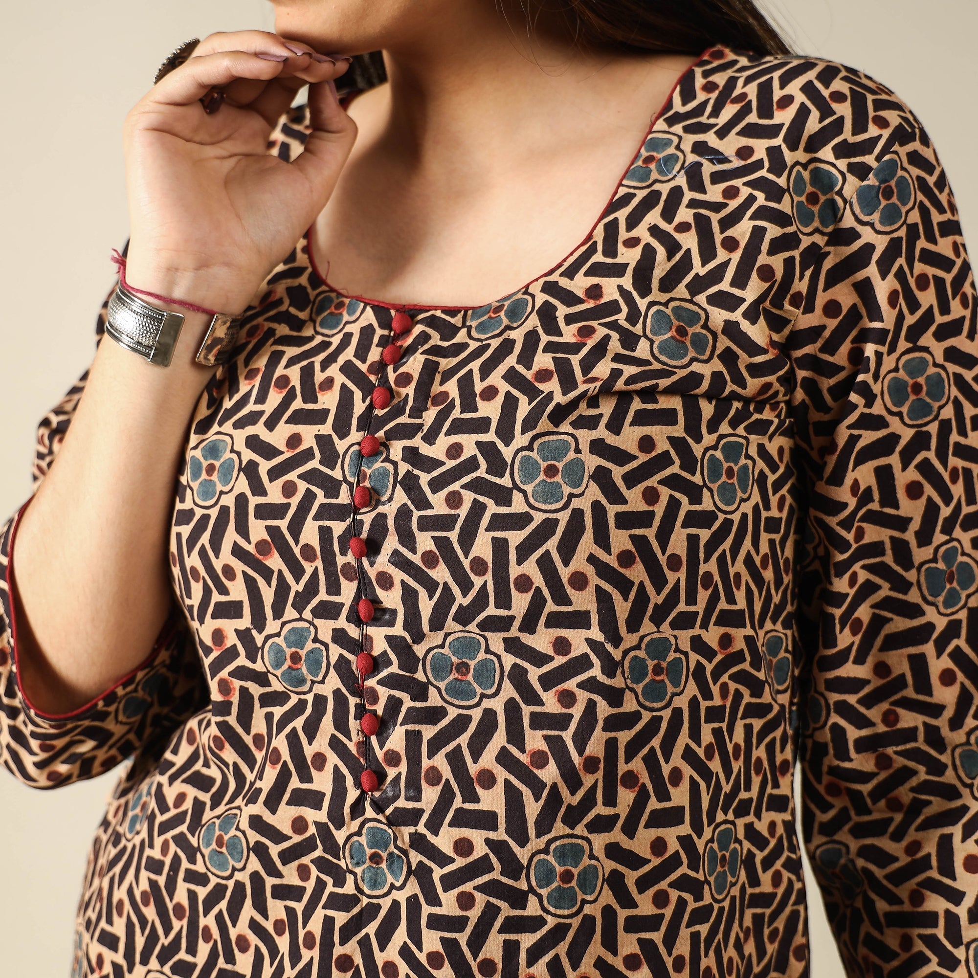 ITOKRI CASUALS Brown - Ajrakh Block Printed Cotton Long A-Line Kurta - view 4