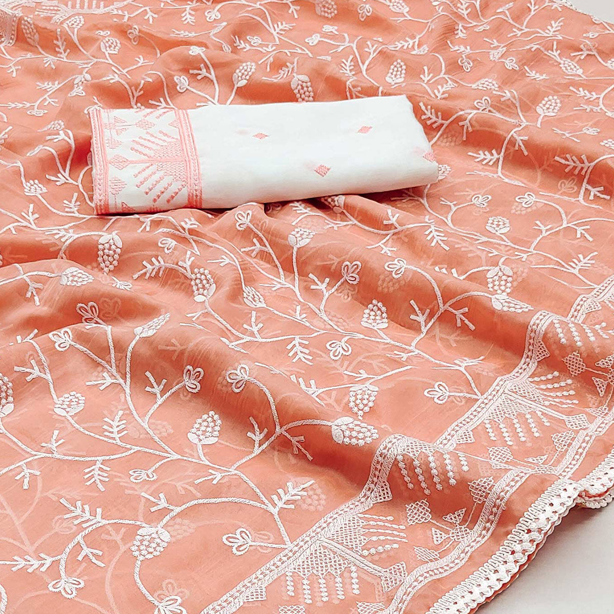 Peachmode Light Orange Lucknowi Work Organza Saree - view 2