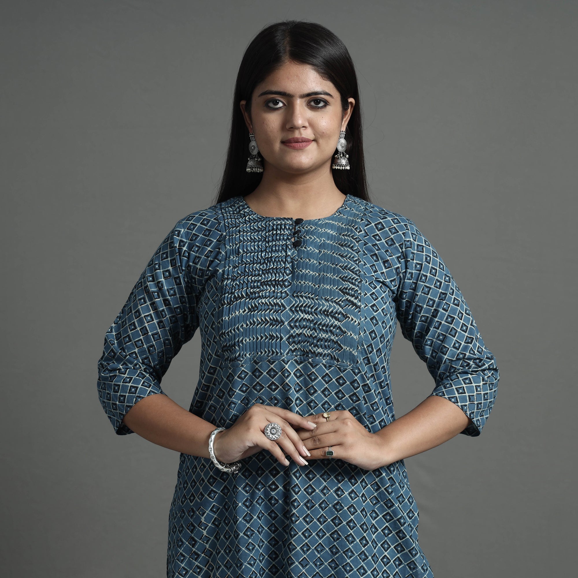 ITOKRI CASUALS Blue - Akola Hand Block Printed Cotton Pintuck Straight Kurta