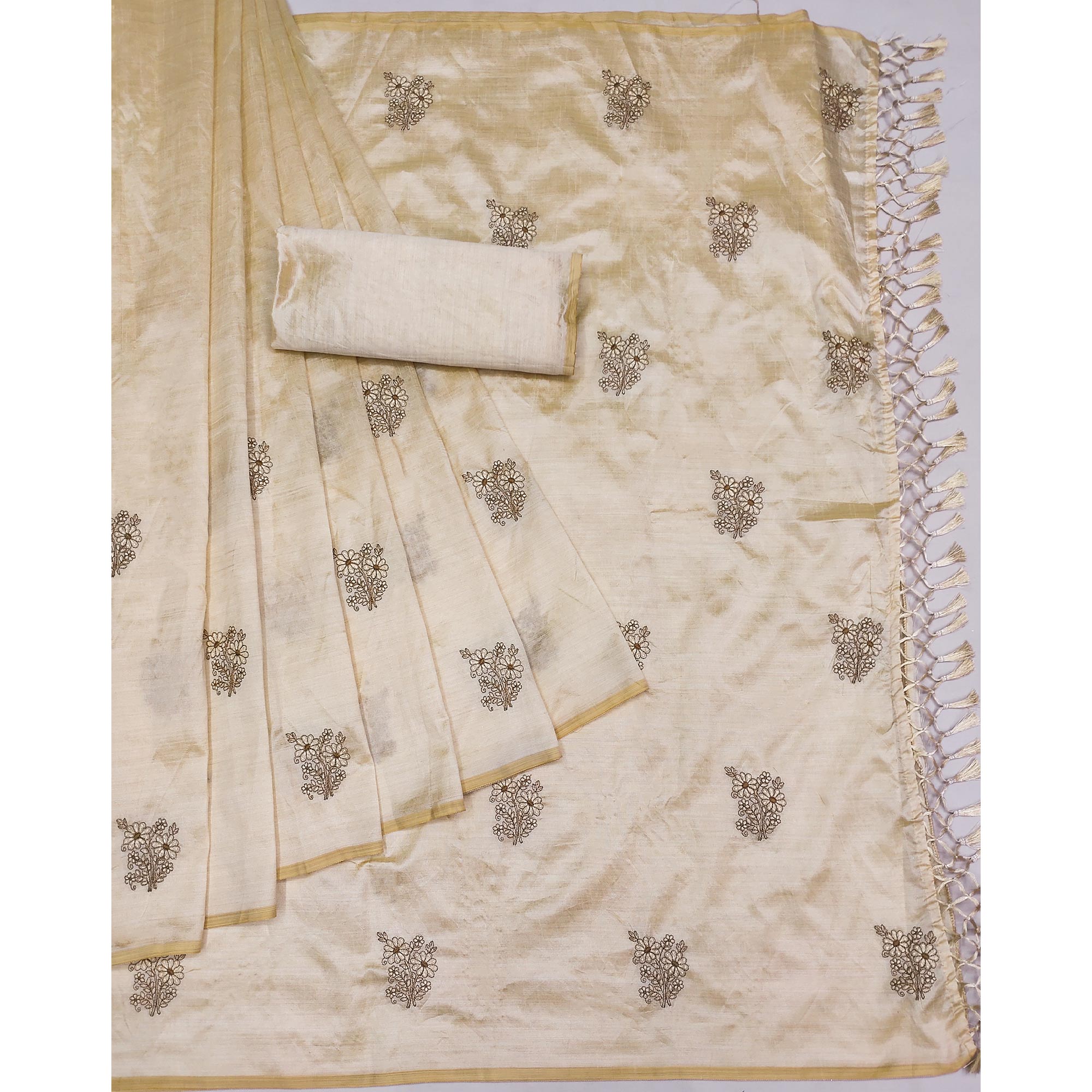 Peachmode Cream Floral Embroidered Assam Silk Saree With Tassels - view 3