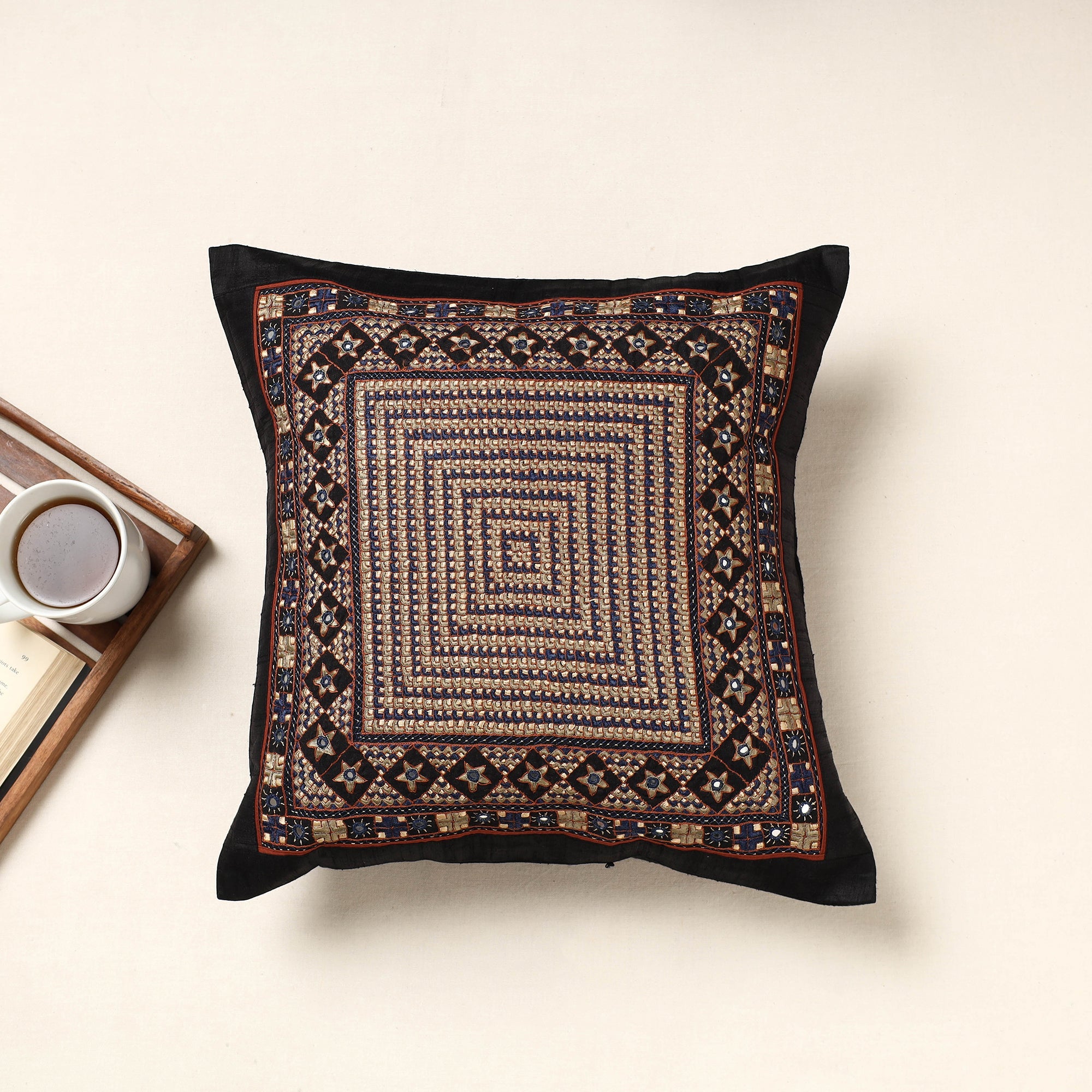 QASAB Black - Kutch Neran Hand Embroidery Silk Cushion Cover (16 x 16 in)
