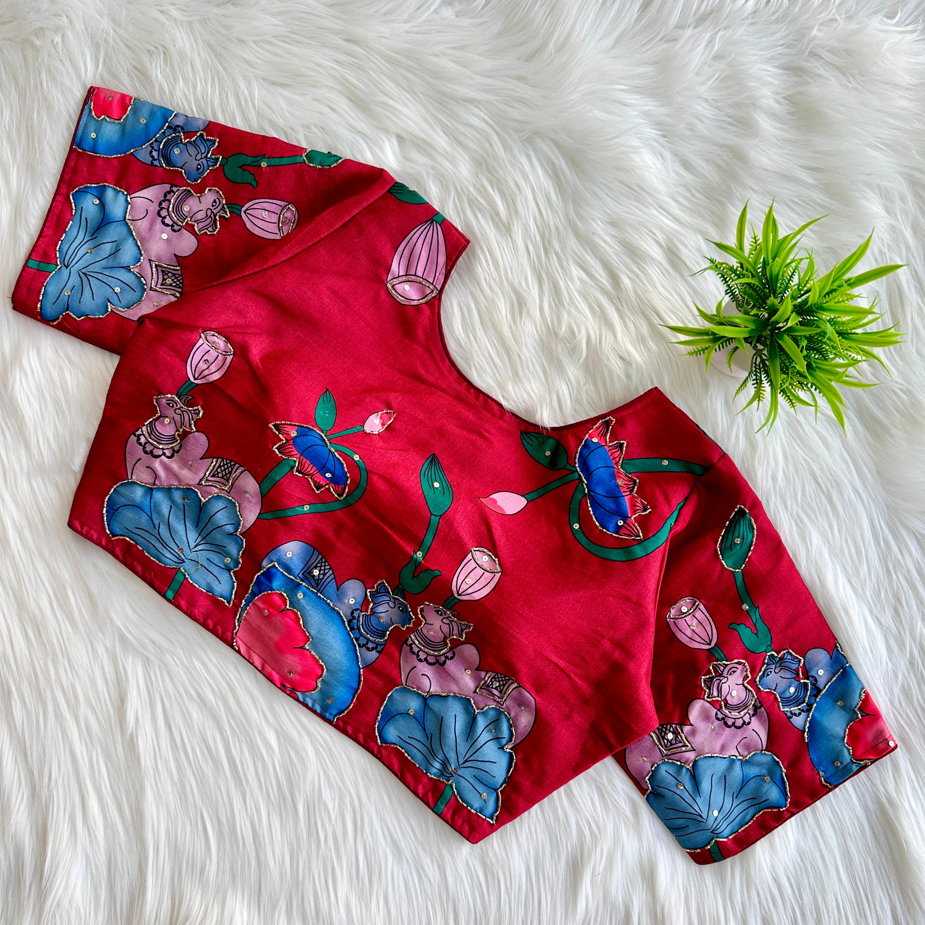 ClothsVilla Maroon Pure Silk Blouse with Decent Print and Antique Handcrafted Work