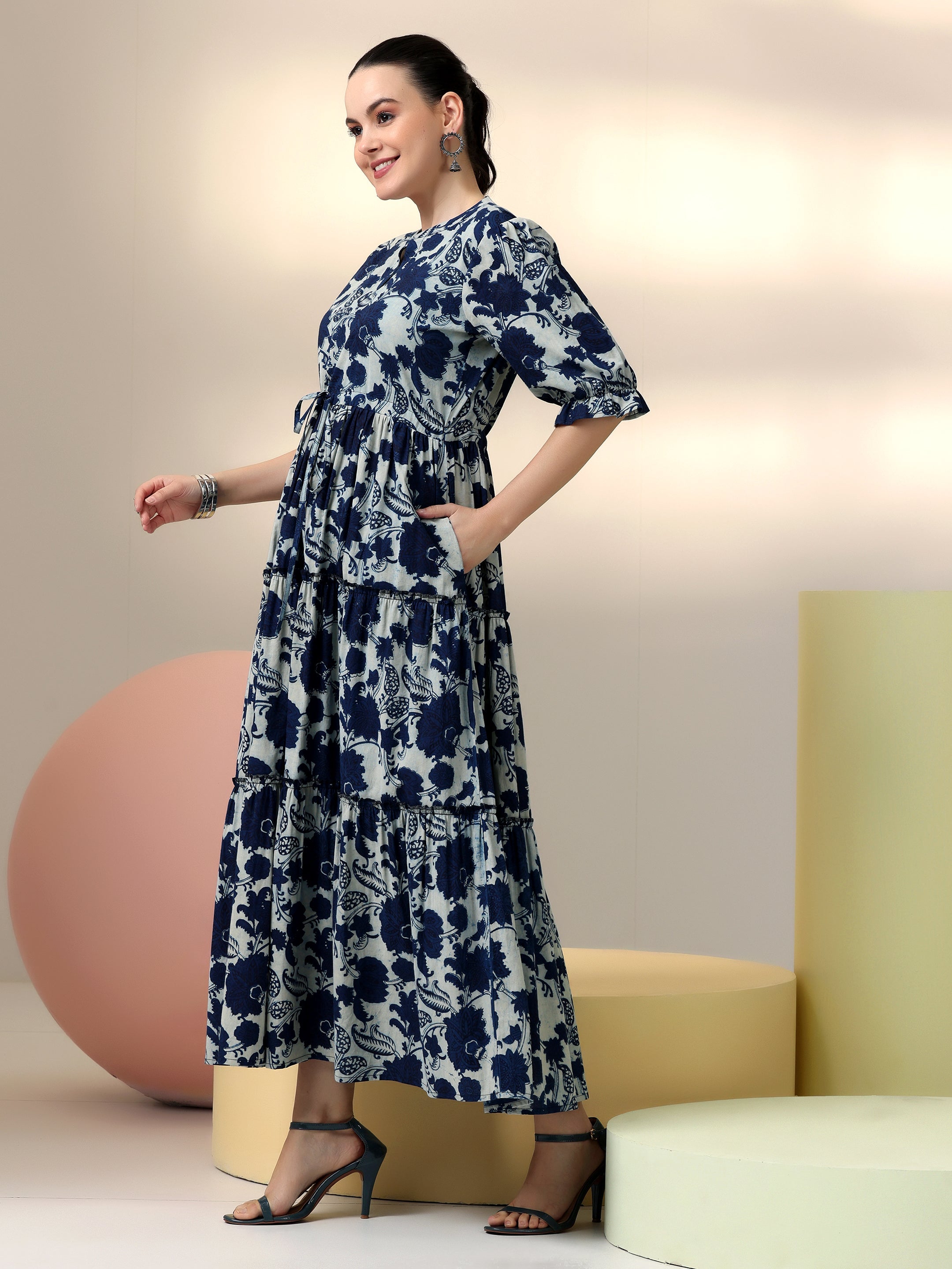 Libas Indigo Printed Cotton Fit and Flare Dress - view 4