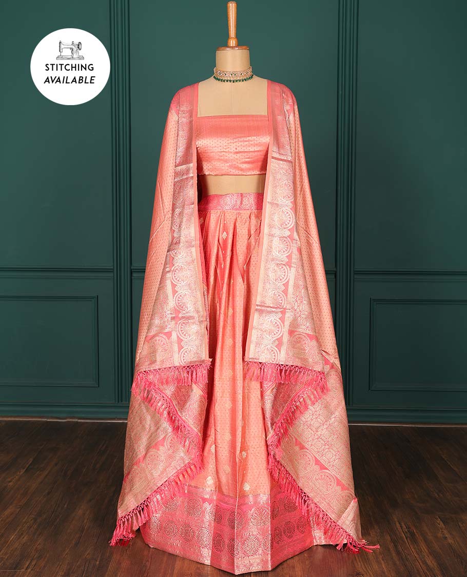 Pothys Pink zari buttas art silk half saree, traditional patterned border, zari design blouse & intricate dupatta - view 2