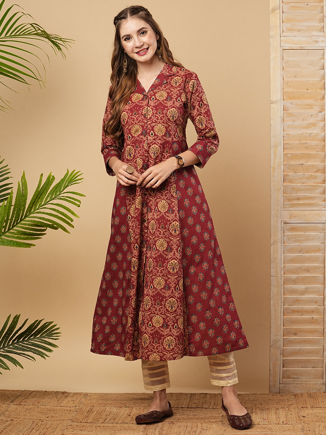 Fashor Ethnic Printed A-Line Paneled Flared Kurta - Maroon