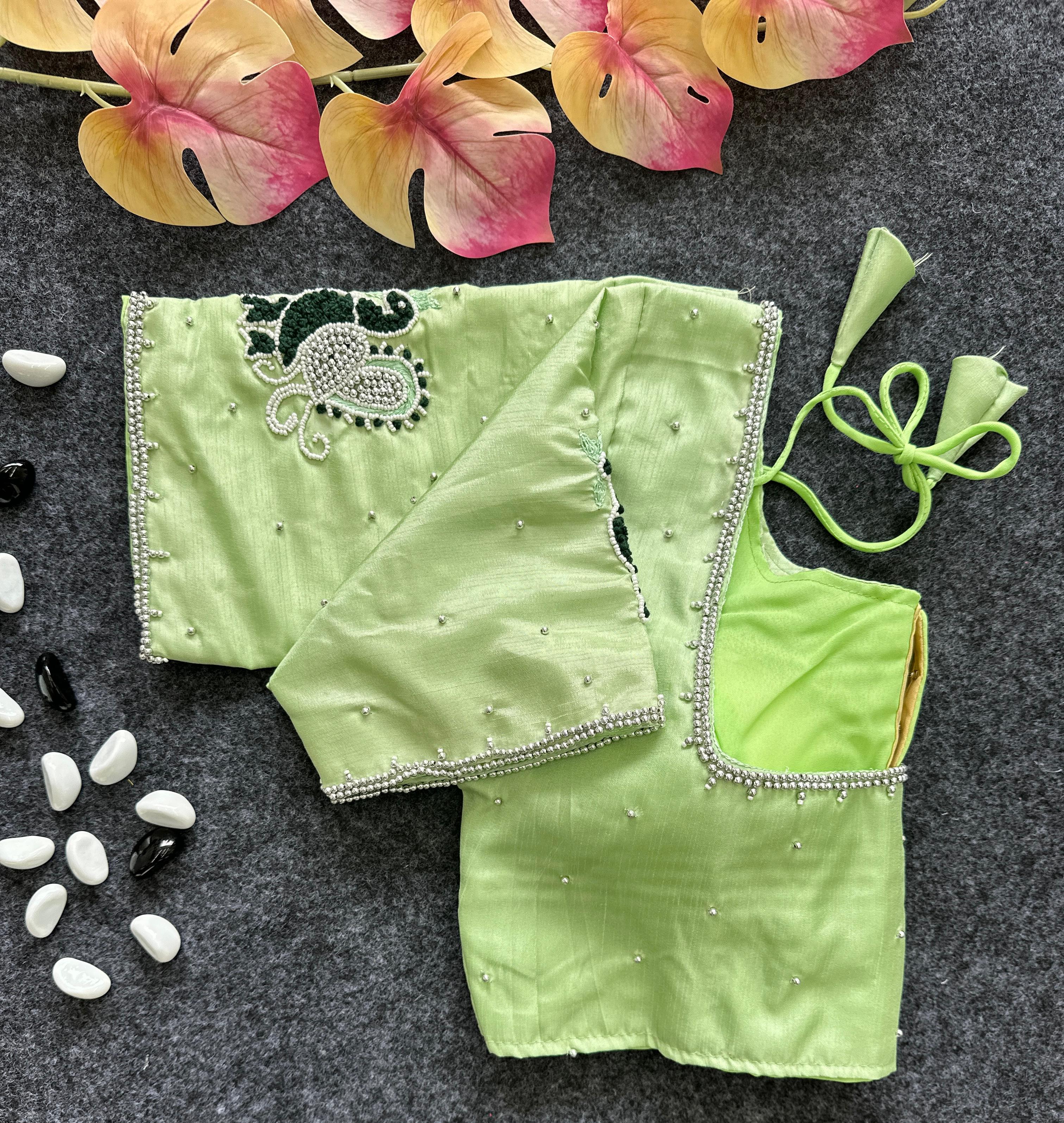 ClothsVilla Pista Green Party Wear Blouse in Lemon Silk with Elegant Handwork and Knot Design - view 2