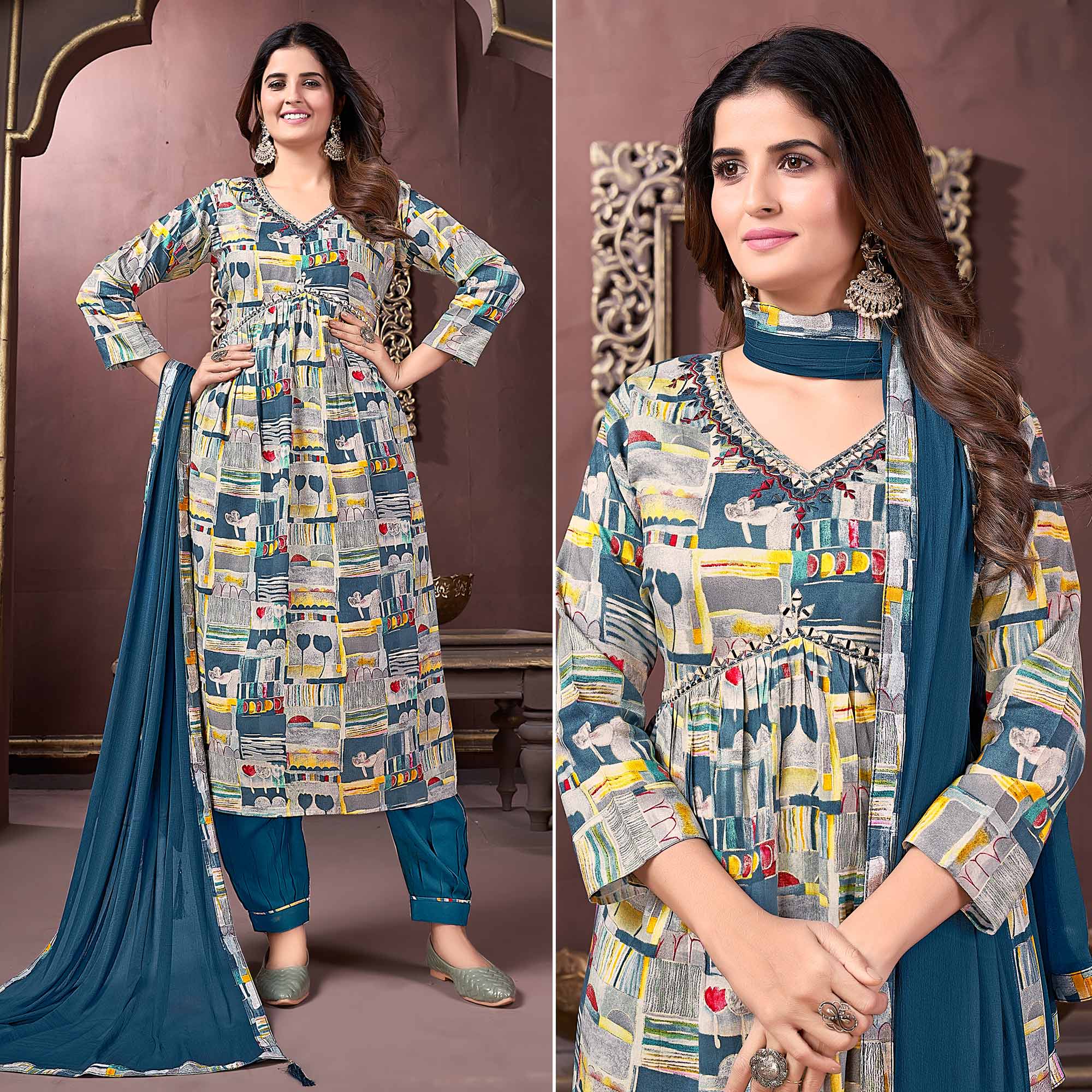 Grey salwar suits – BlackTree grey-teal-floral-printed-rayon-alia-cut-salwar-suit