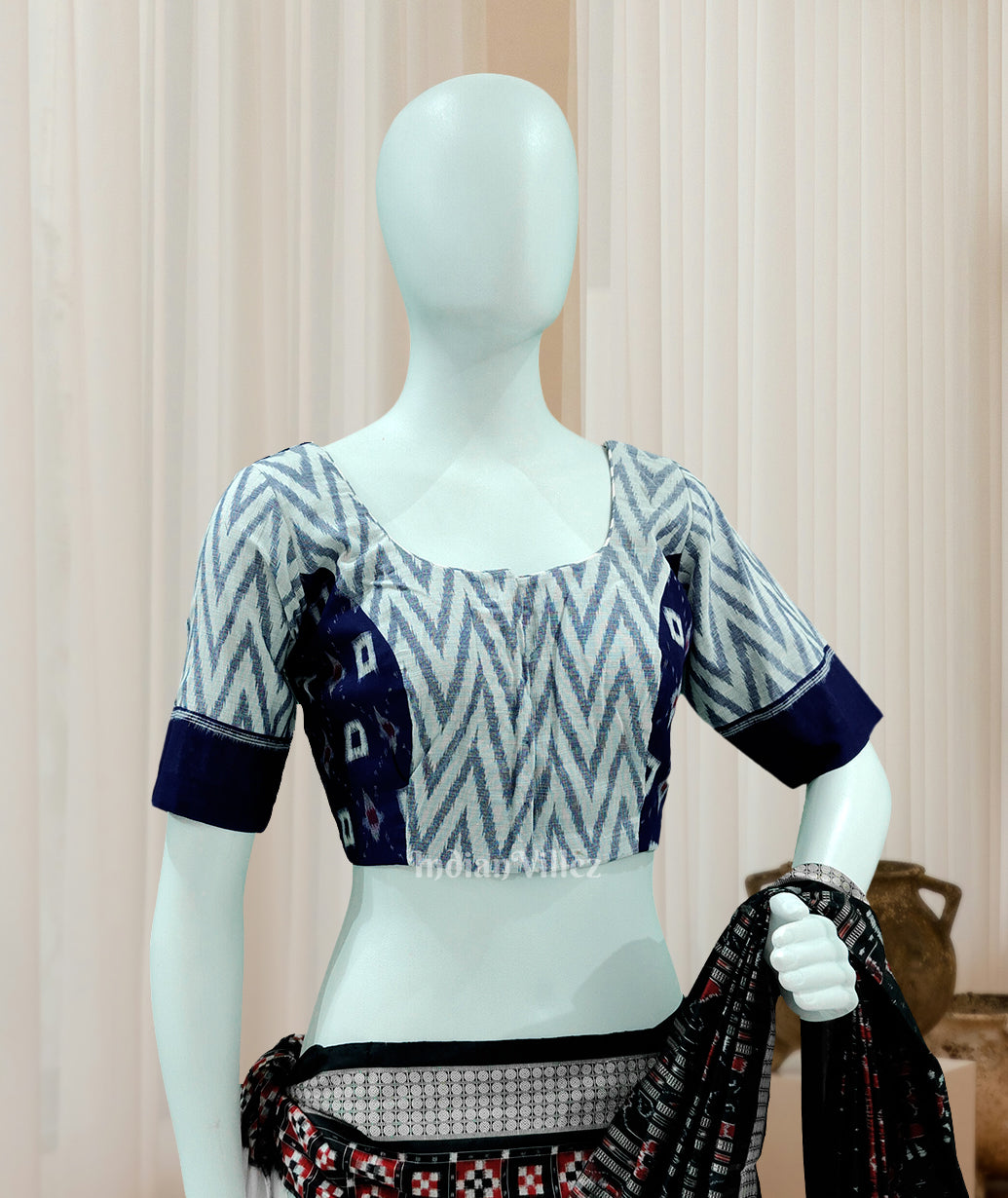 IndianVillèz White Blue Pasapali Theme Odisha Ikat Sambalpuri Cotton Blouse