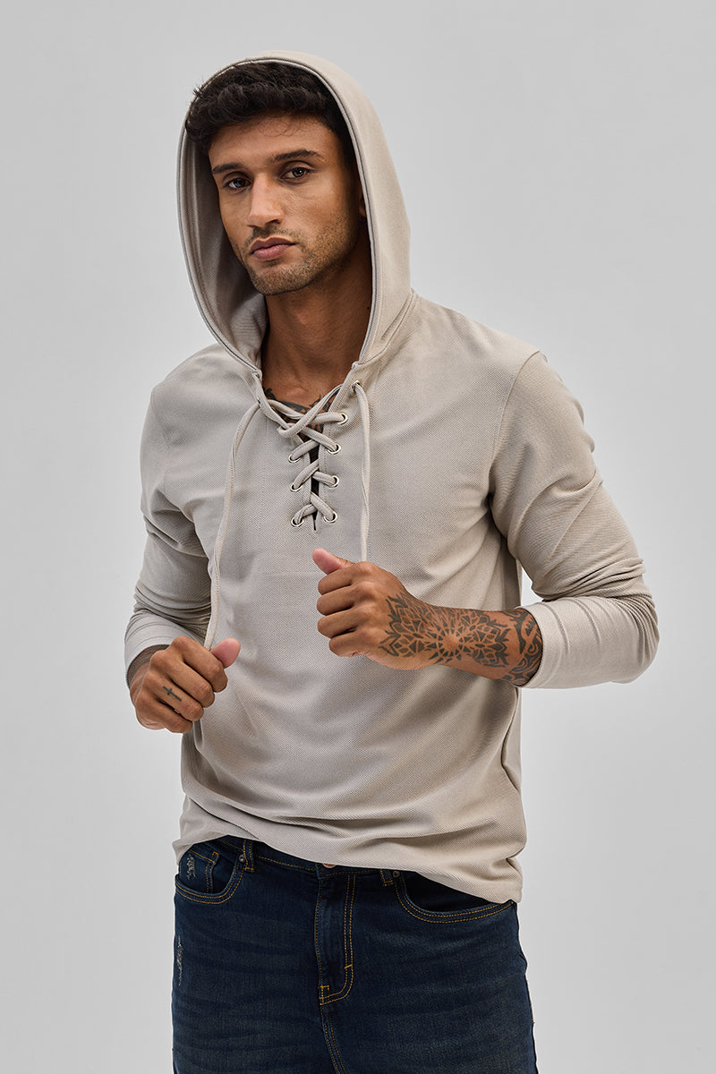 SNITCH Beige Lace-Up Textured Hoodie