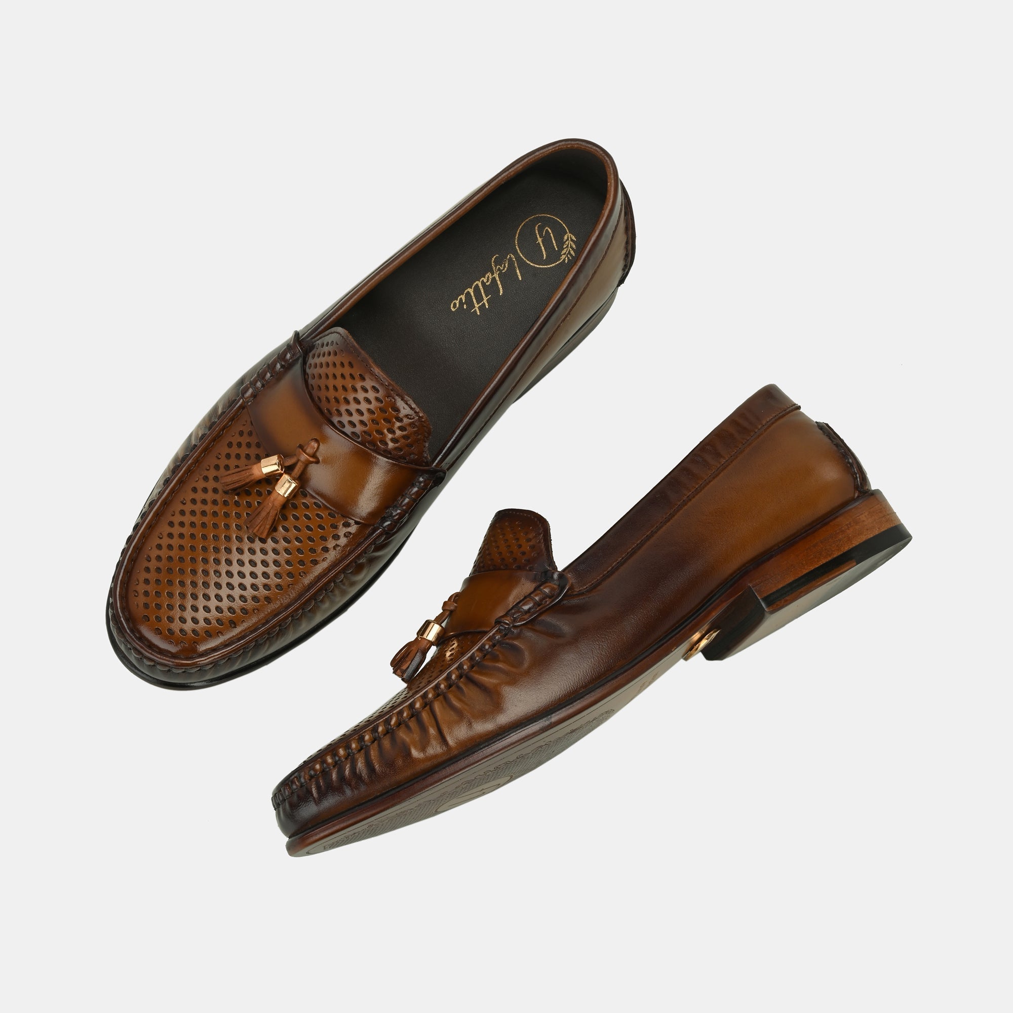 Tan Perforated Tassel Loafers by Lafattio - view 2