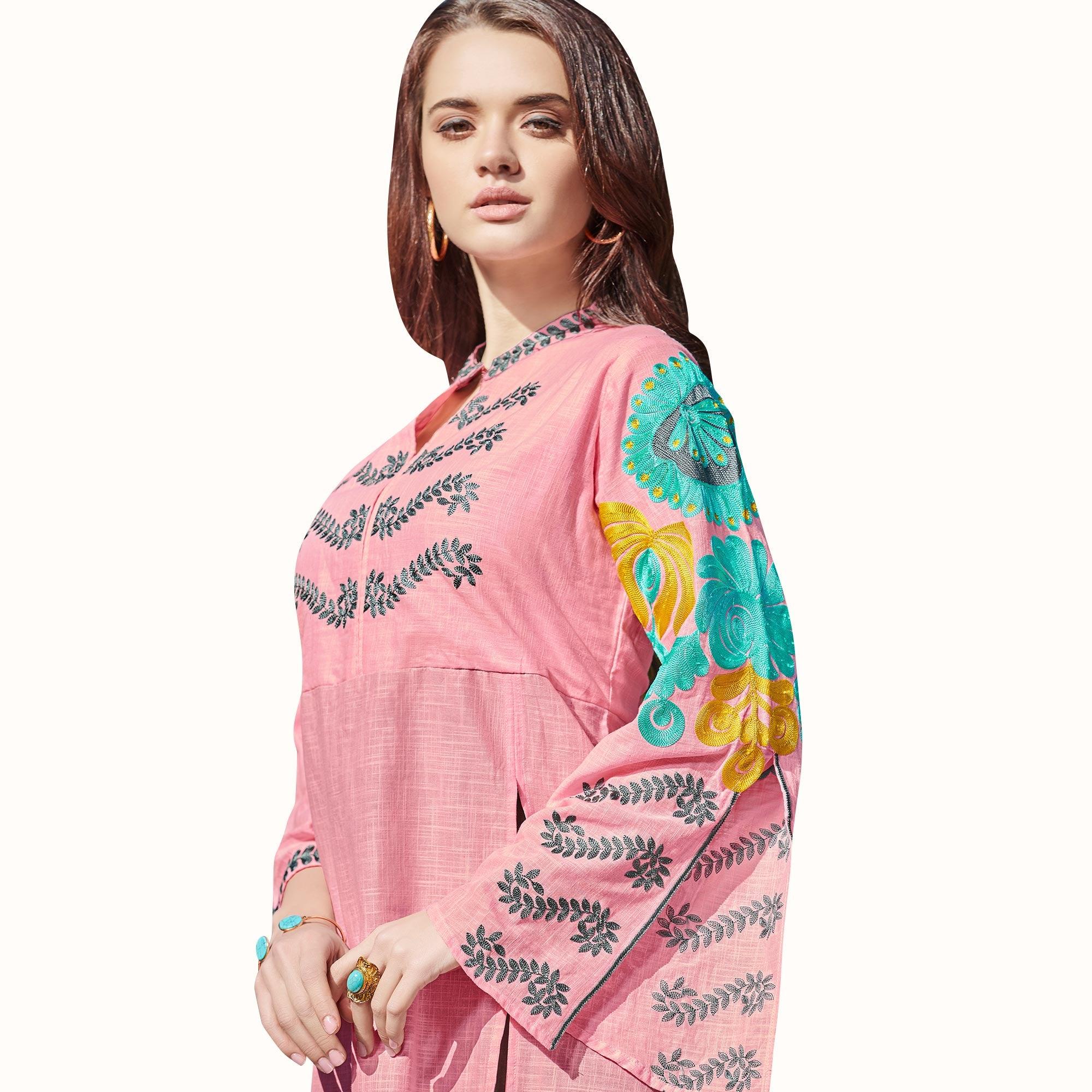 Peachmode Seller Elegant Pink-Gray Colored Partywear Embroidered Rayon Kurti - view 2