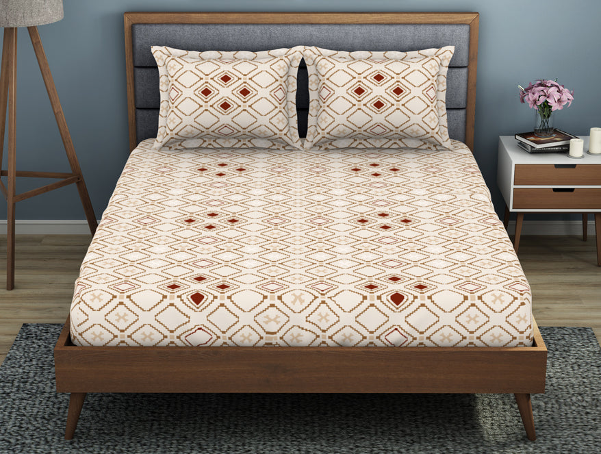 Spaces India Geometric Butter Cream - Beige Polycotton King Size Bedsheet - Wonder Full By Welspun
