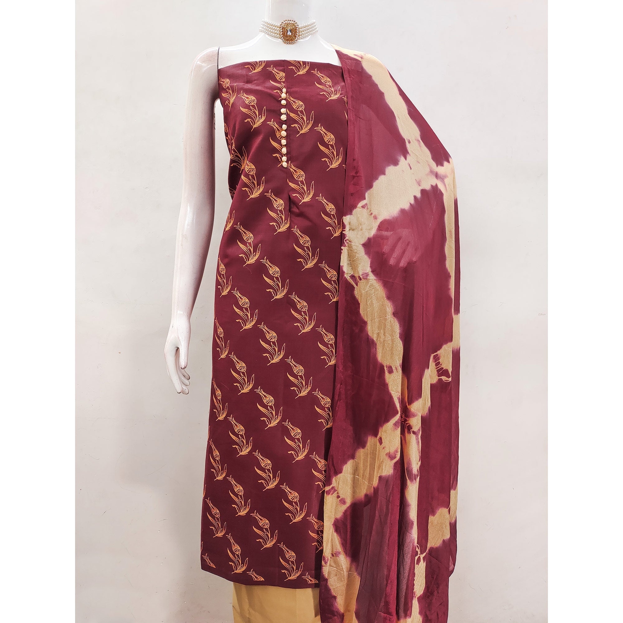 Peachmode Maroon Floral Printed Slub Cotton Dress Material - view 5