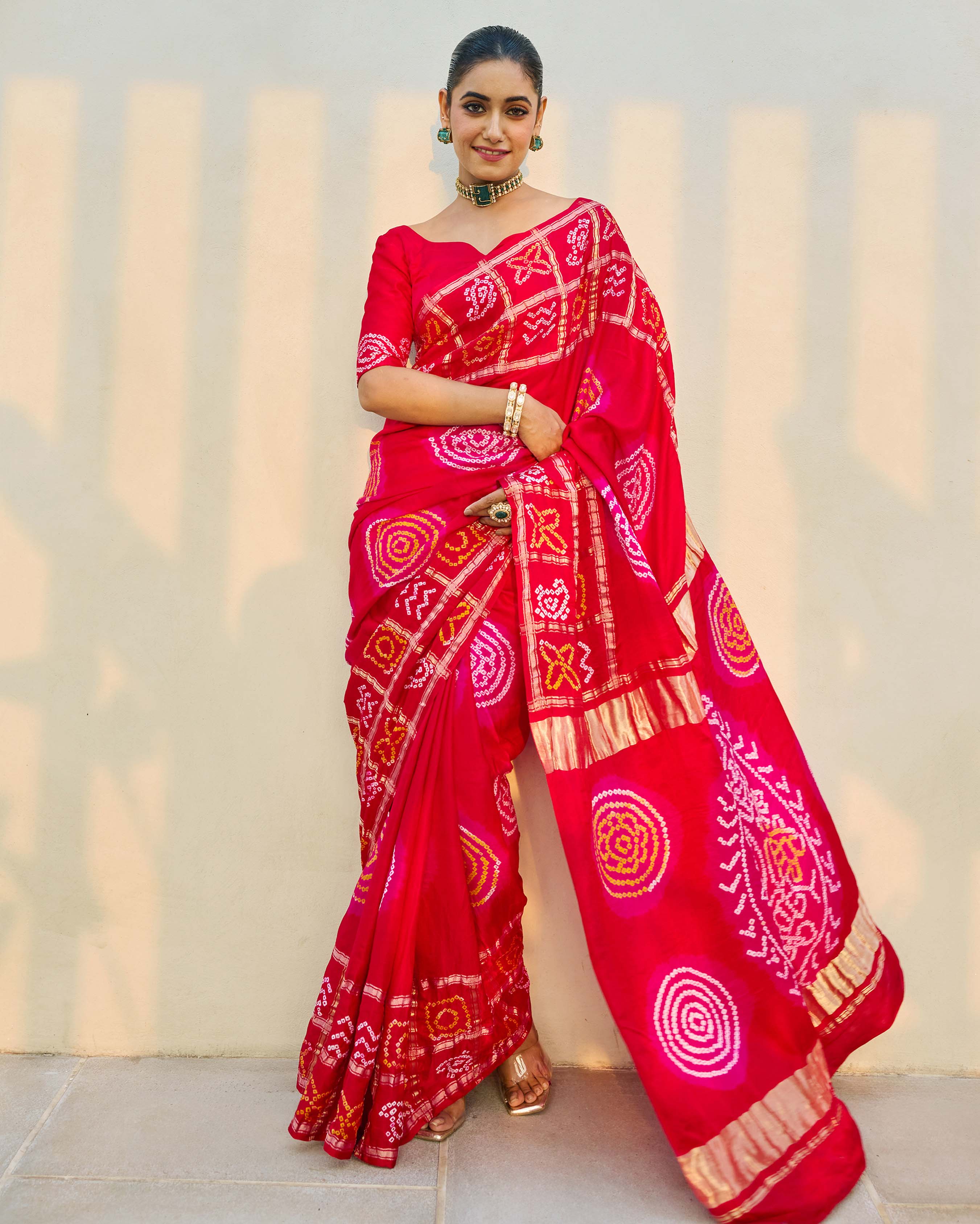 Aachho Moonlit Harmony Red Silk Bandhani Saree - view 4
