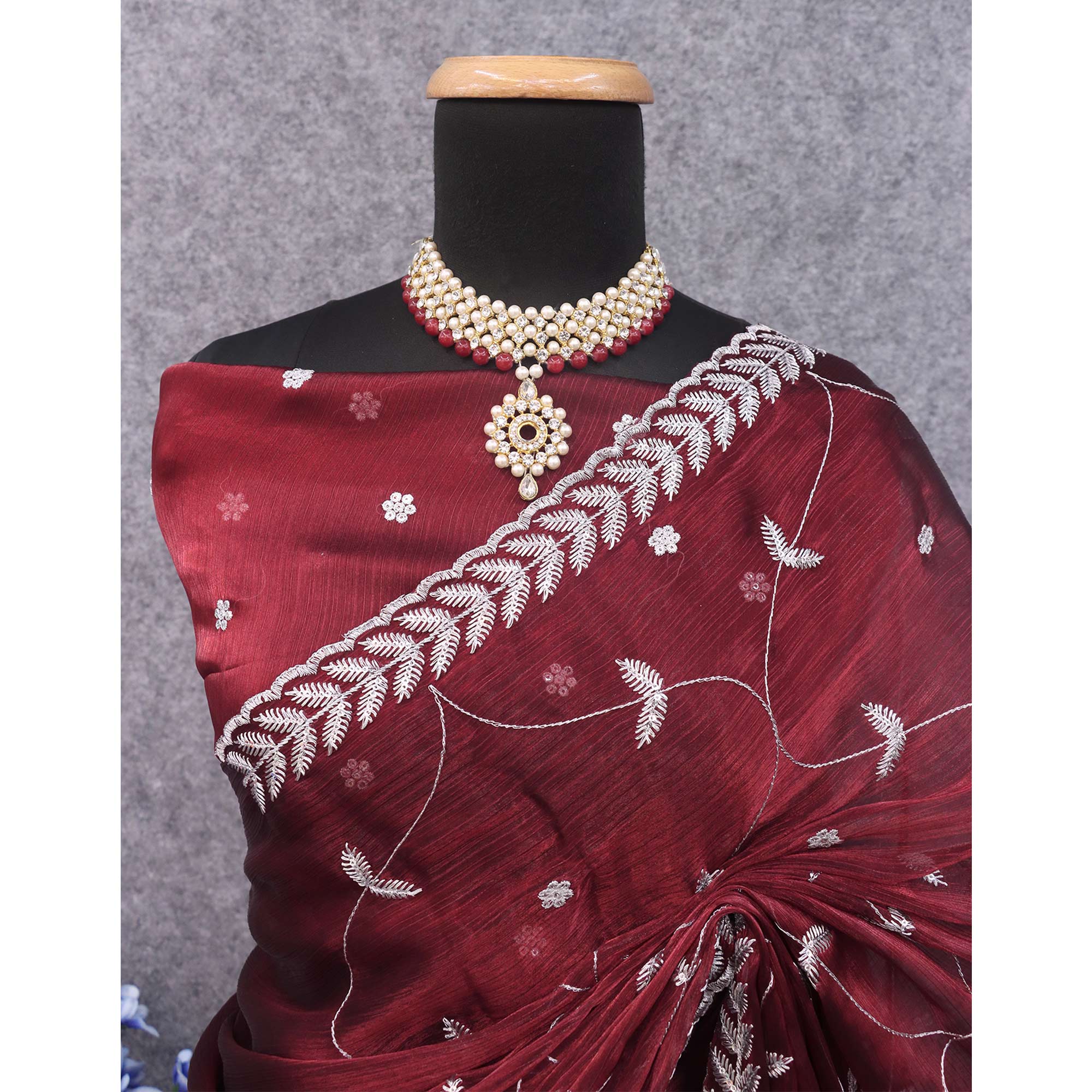 Peachmode Maroon Sequins Embroidered Chiffon Silk Saree - view 5
