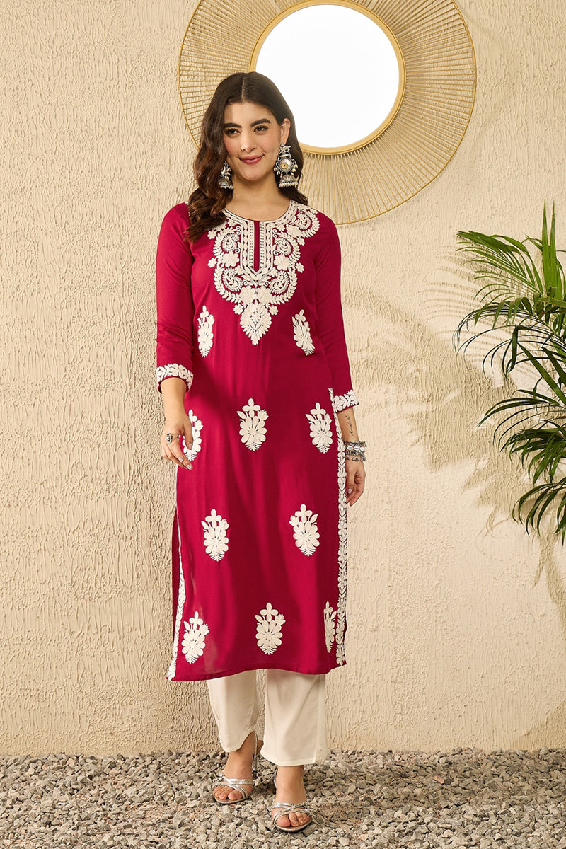 Ahika Red Viscose Rayon Solid Embroidered Straight Kurta VCK9782 - view 5