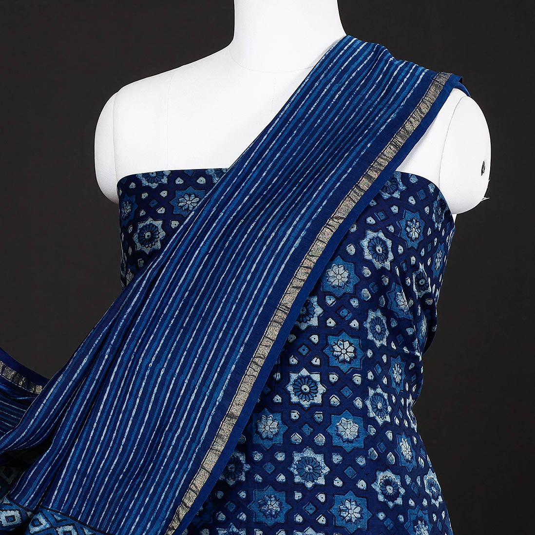 HAVELI CHRONICLES Blue - 3pc Akola Block Printed Chanderi Silk Suit Material Set - view 3