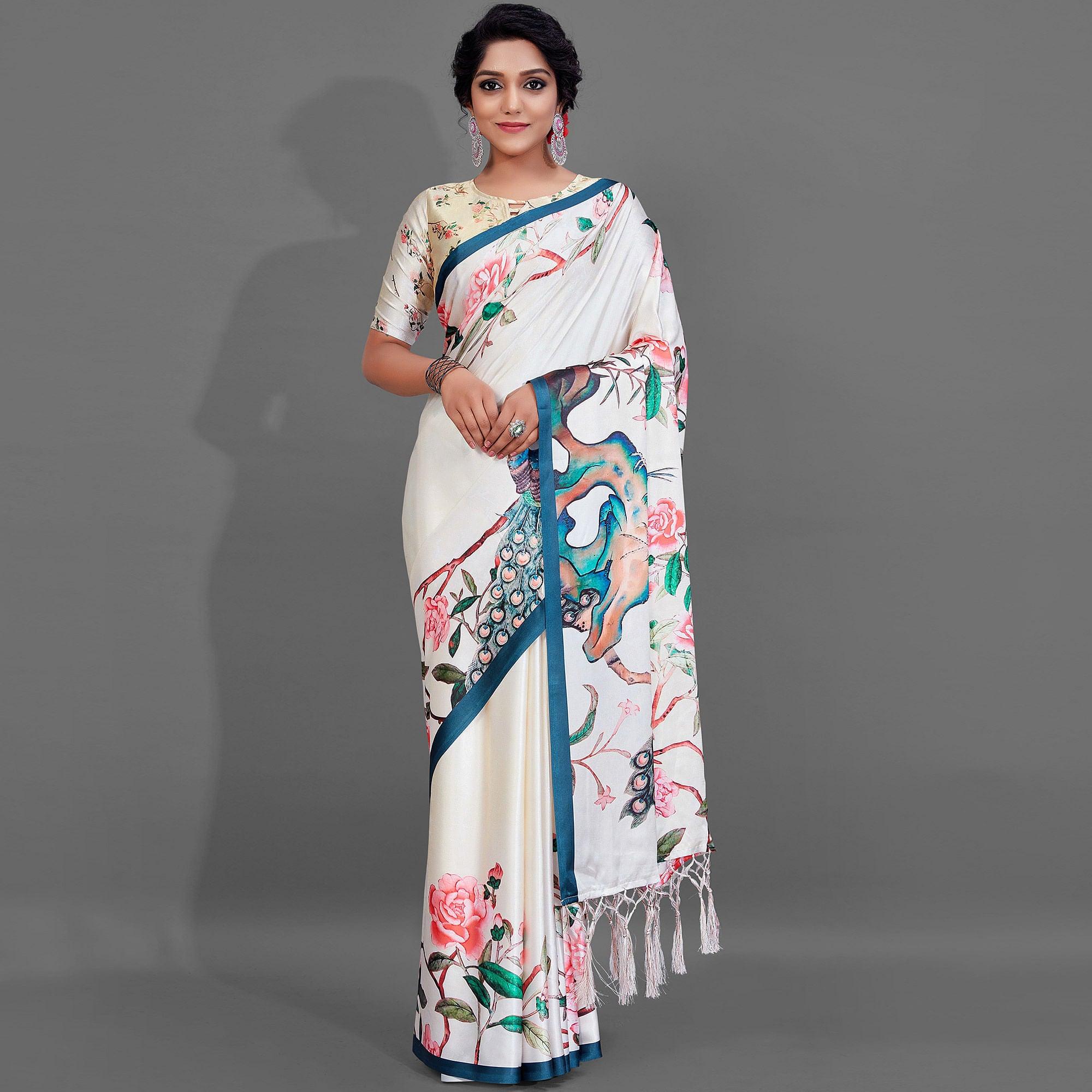 Peachmode Cream Casual Wear Printed Satin Silk Saree
