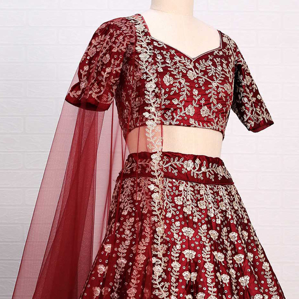 Peachmode Maroon Embroidered Satin Lehenga Choli - view 2