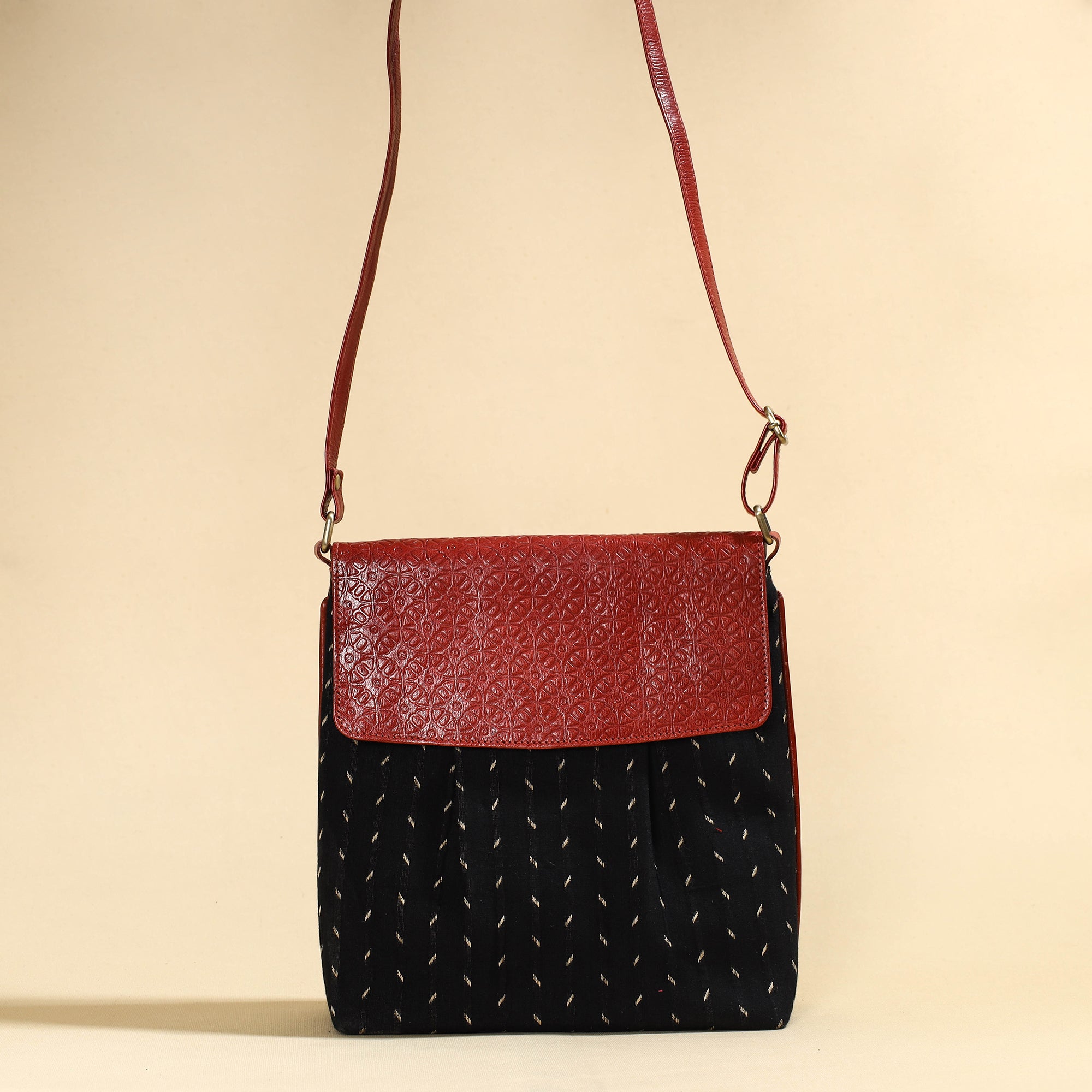 ASALKAAR Black - Handcrafted Ikat Fabric Sling Bag with Embossed Leather Flap