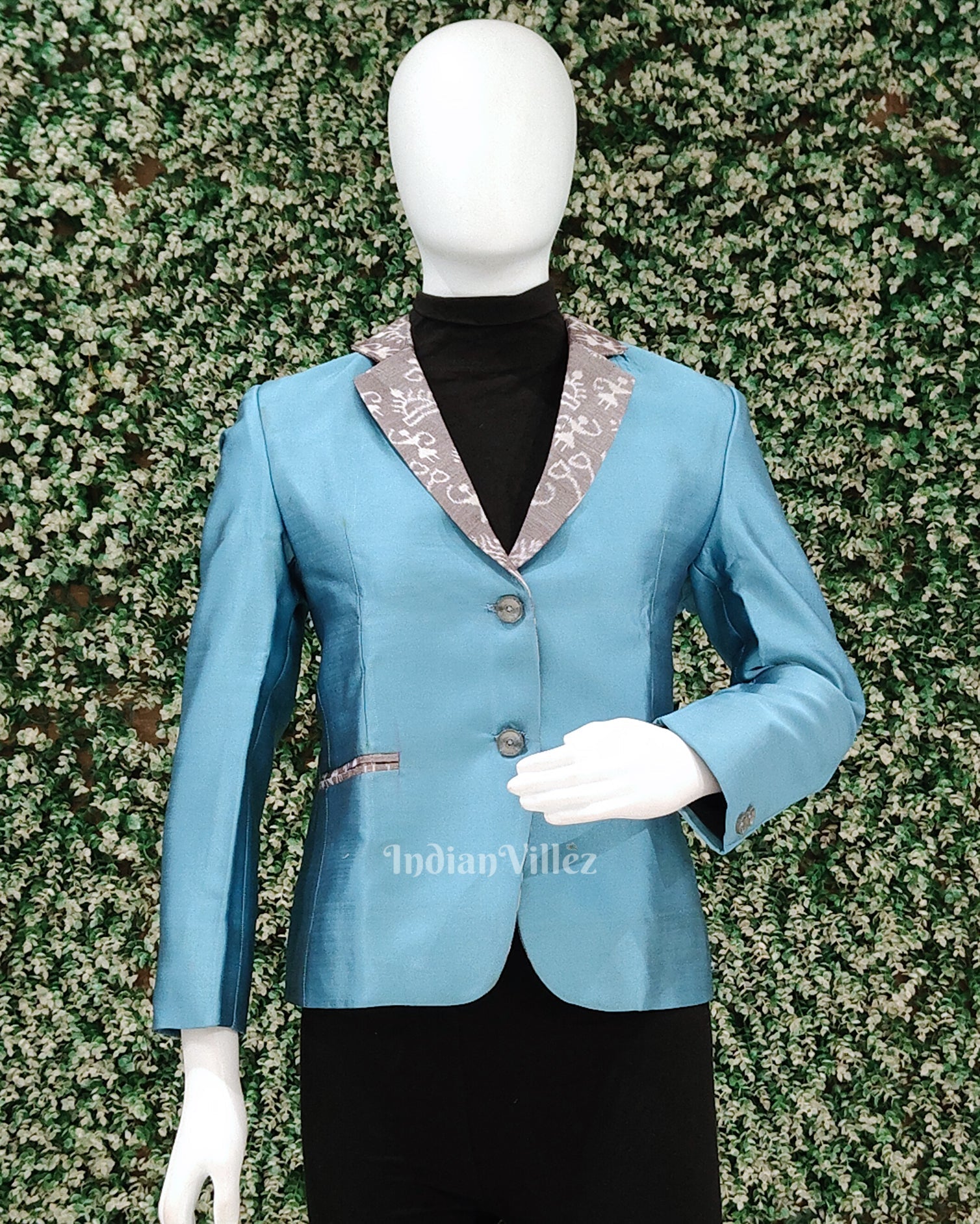 IndianVillèz Light Blue Silk Cotton Odisha Ikat Women's Designer Blazer