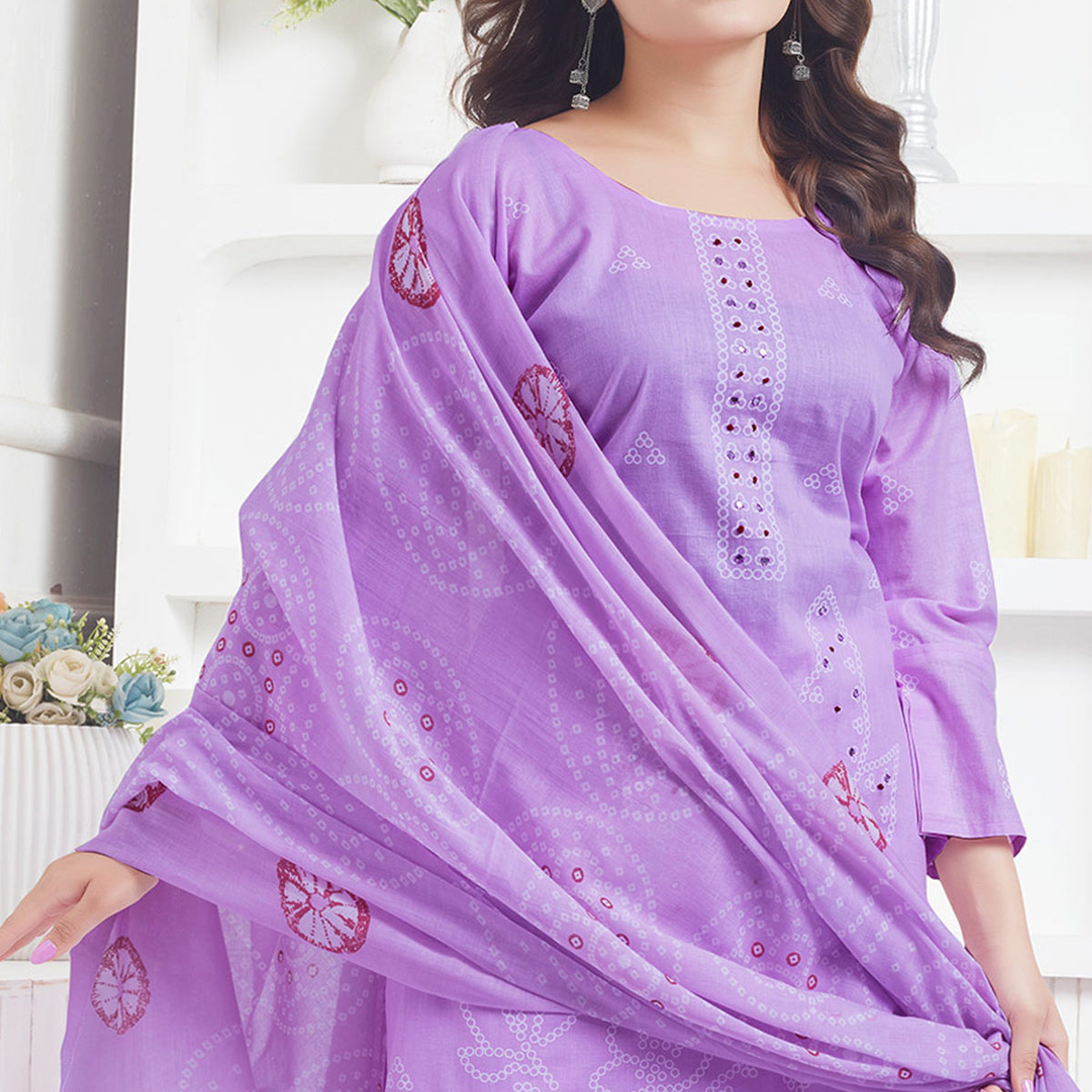 Peachmode Lavender Printed Pure Cotton Salwar Suit With Mirror Work - view 3