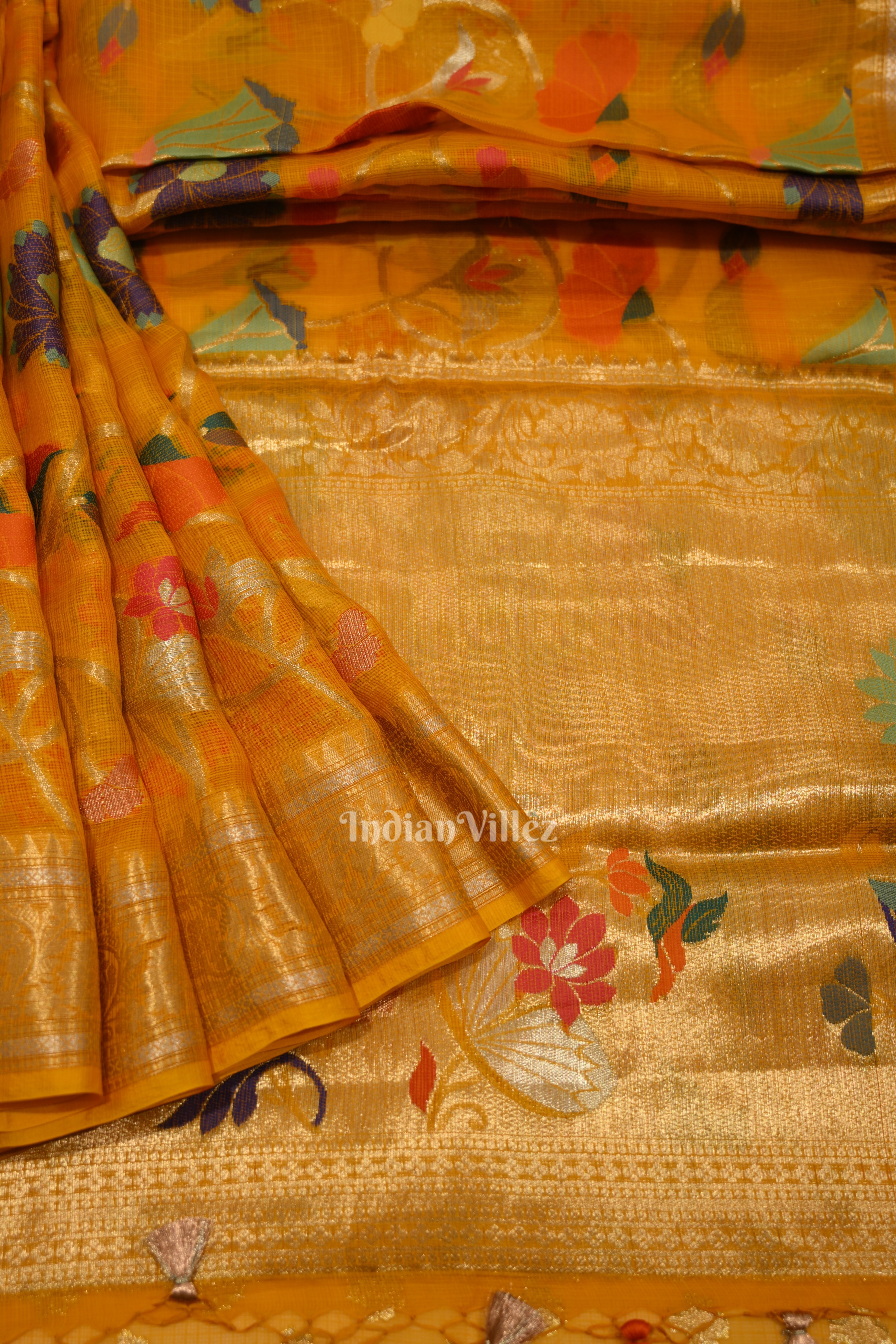 IndianVillèz Yellow Pure Jamdani Banarasi Kota Silk Saree