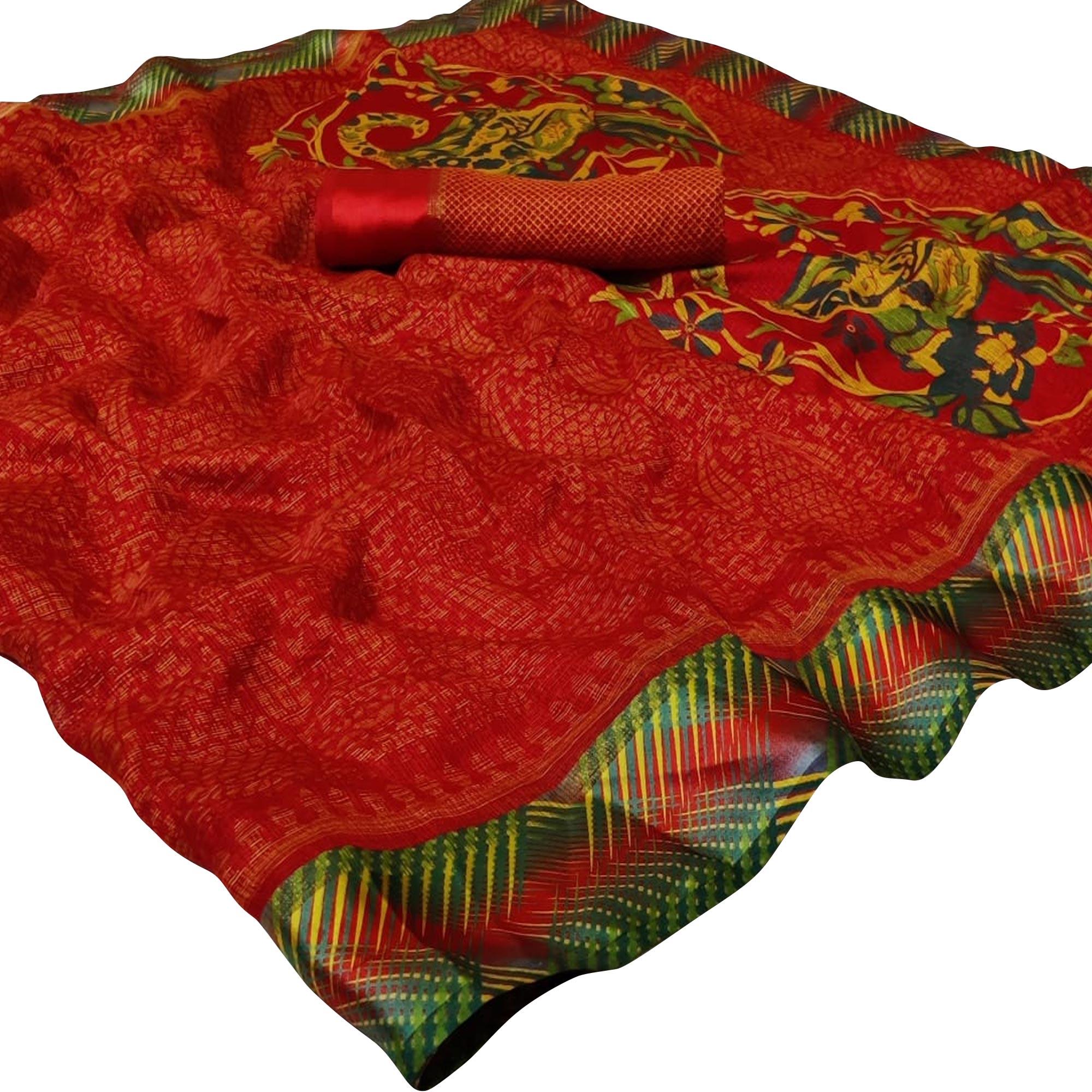 Peachmode Classy Red Colored Casual Printed Kota Doria Satin Saree
