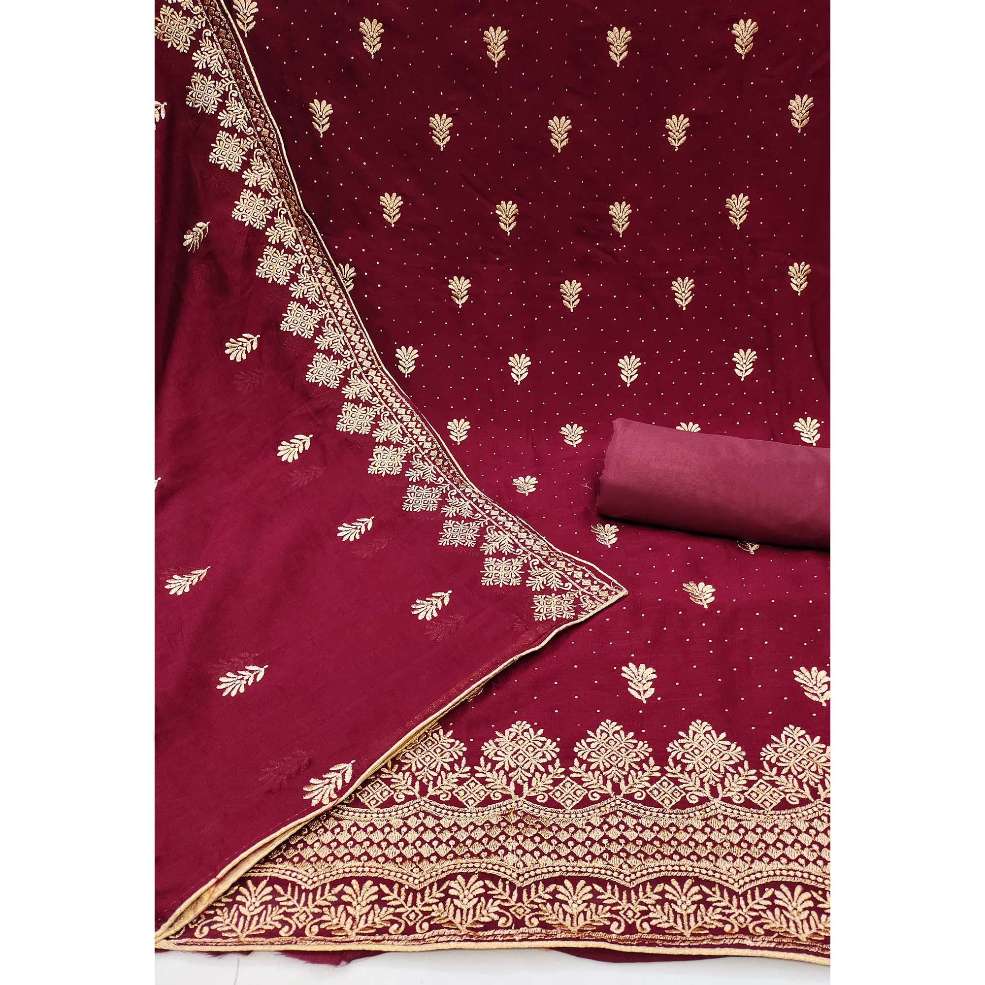 Peachmode Maroon Floral Embroidered Chinon Dress Material - view 3