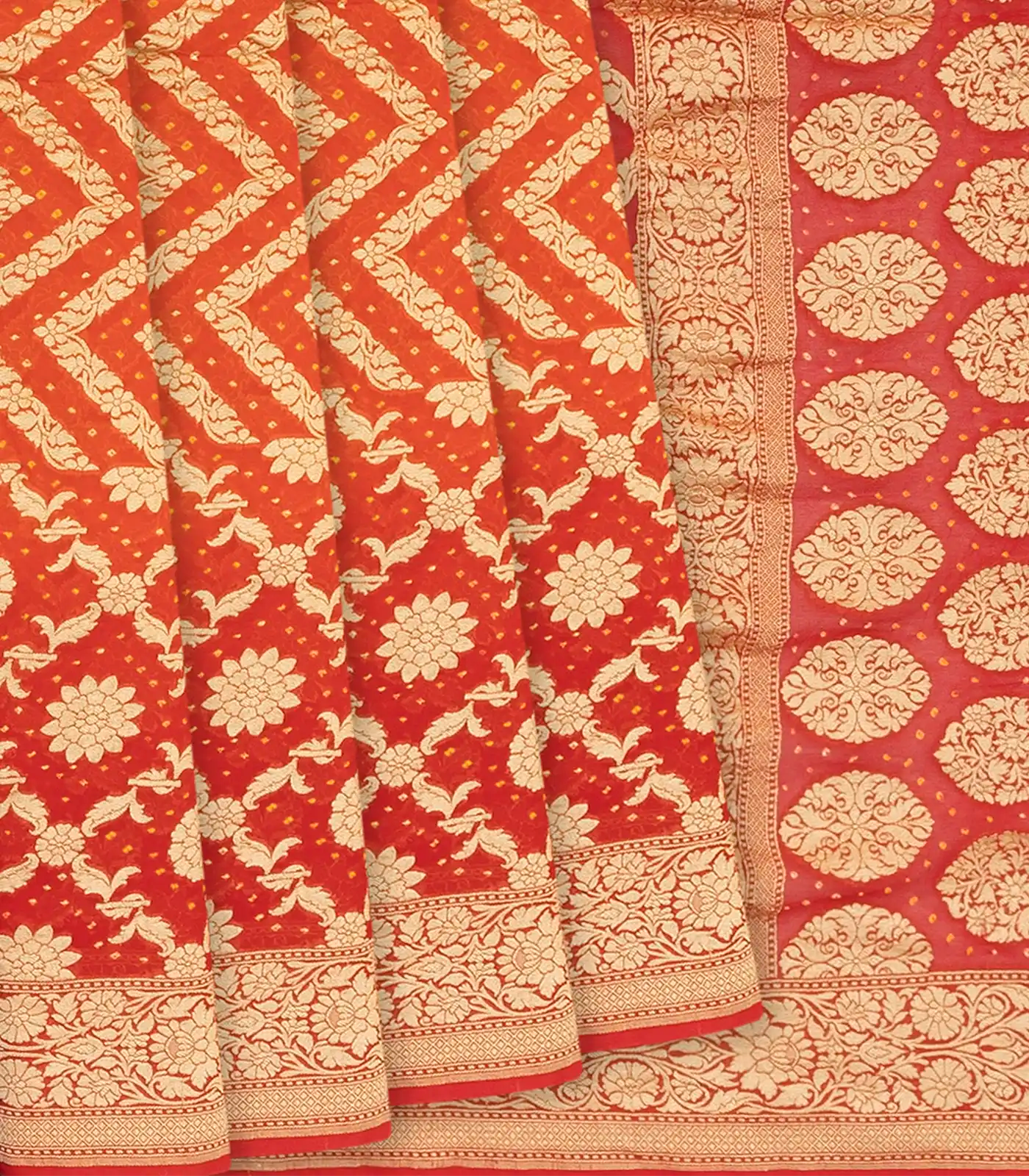 RmKV Red Handloom Banarasi Bandhani Khaddi Georgette Saree With Floral Jaal & Chevron Motifs-Red