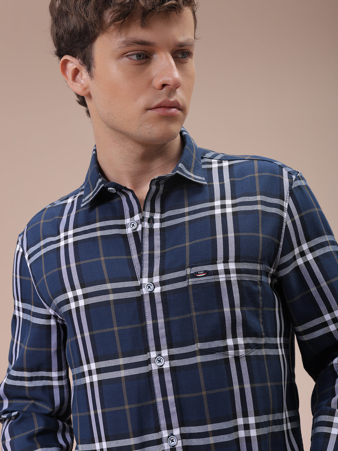 The Indian Garage Co Men's Navy Blue Slim Fit Checked Shirt