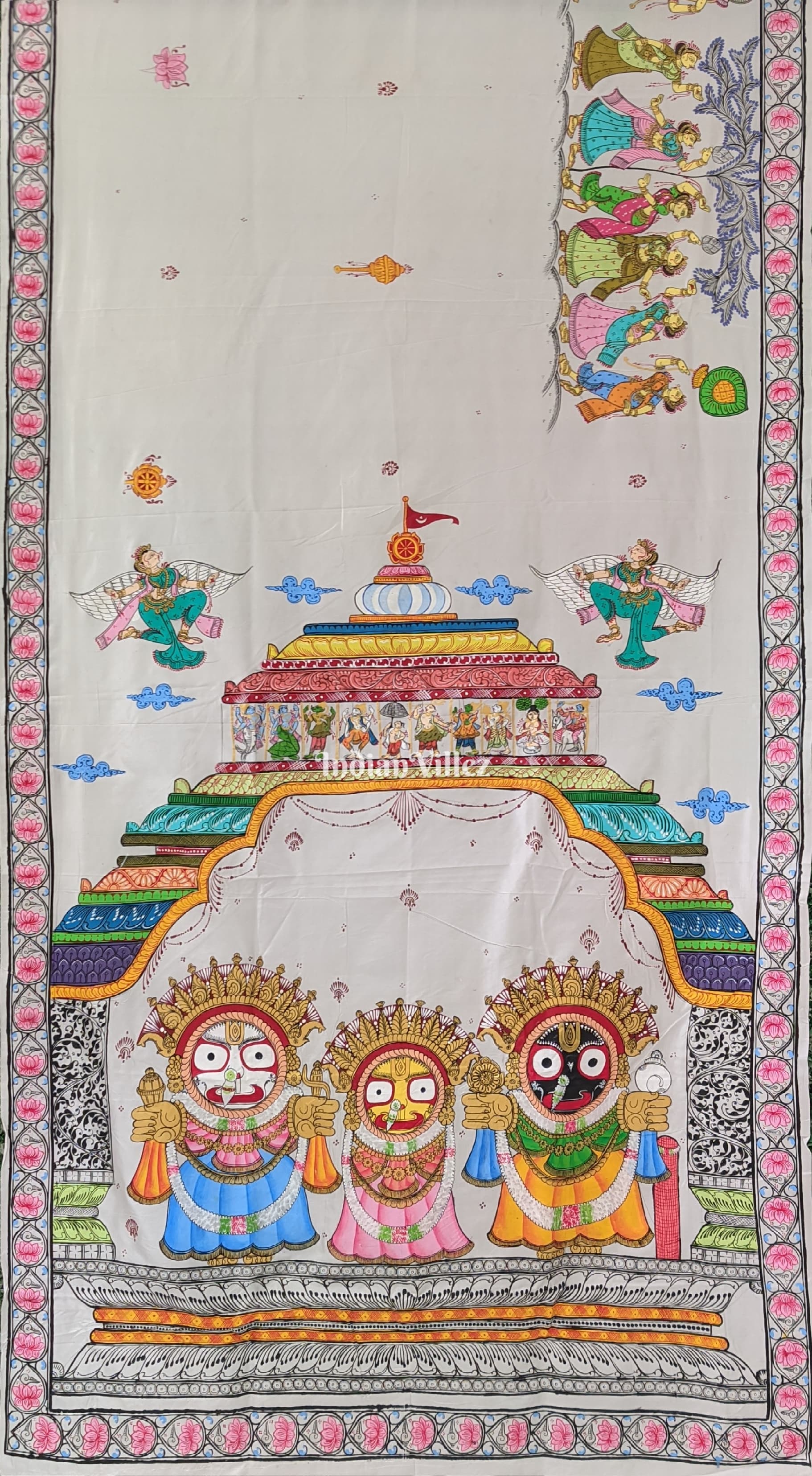 IndianVillèz White Shree Jagannath Theme Hand-Painted Pattachitra Saree