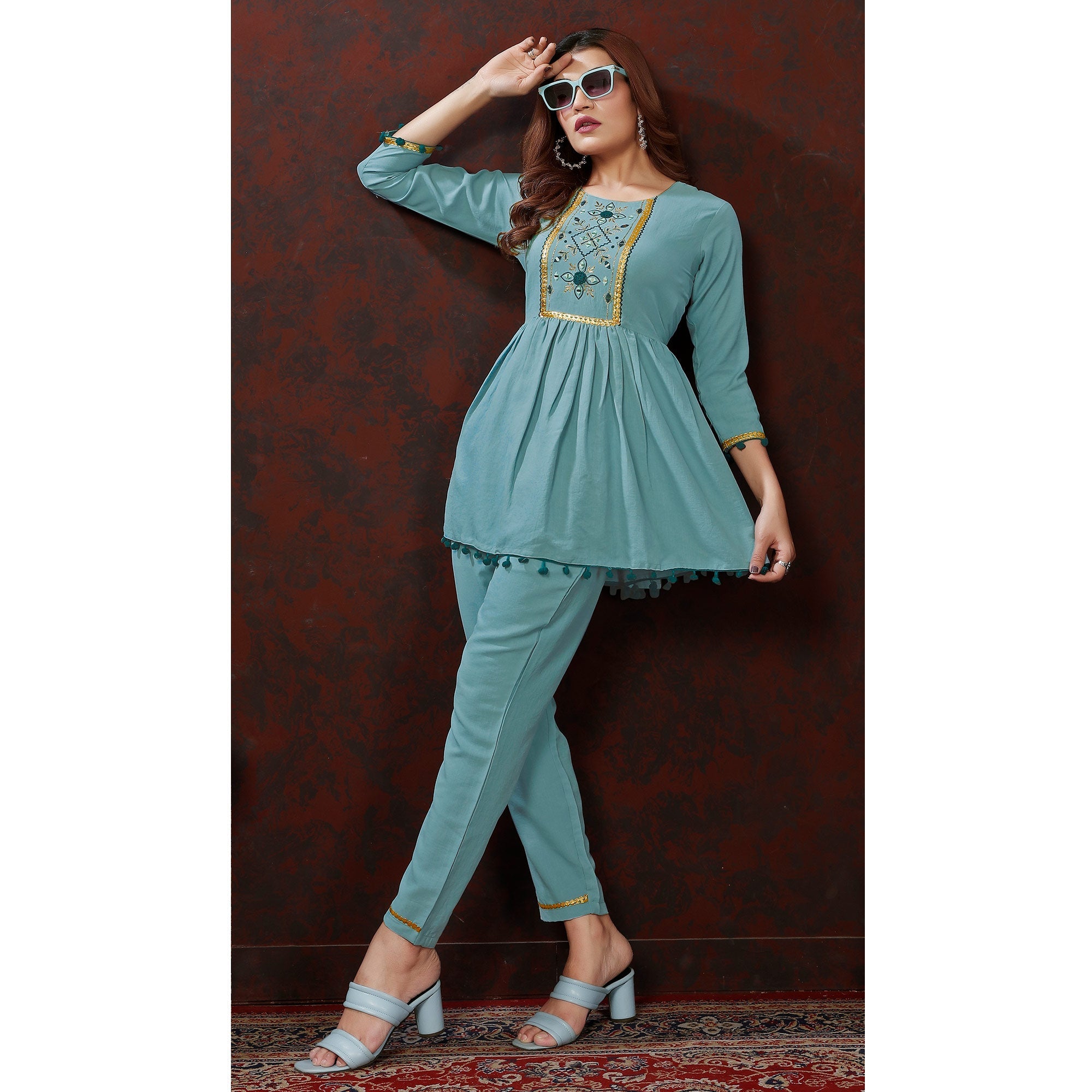 Peachmode Seller Dusty Turquoise Embroidered Cotton Blend Co Ord Set - view 5