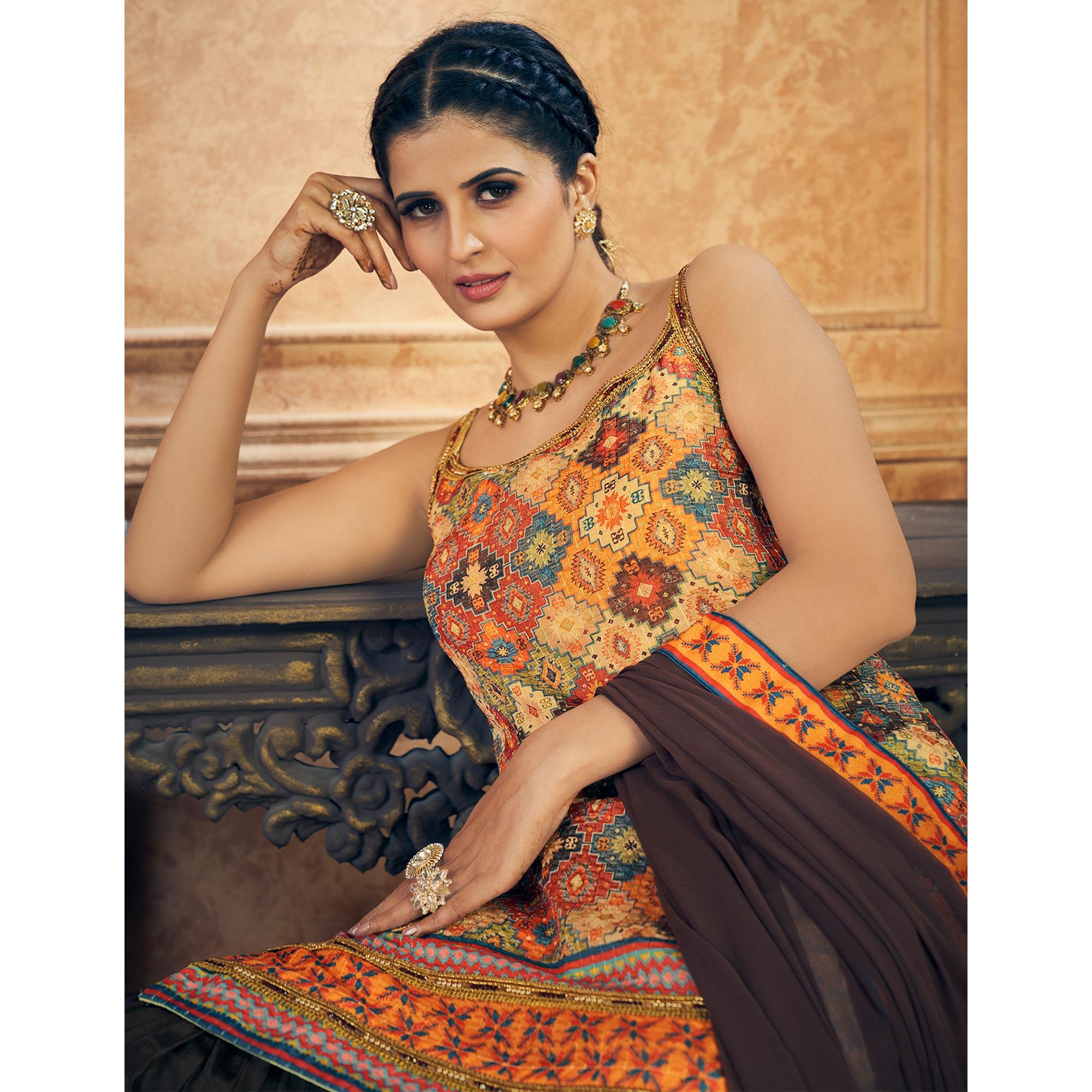 Peachmode Multicolor Embroidered Chiffon Sharara Suit - view 5