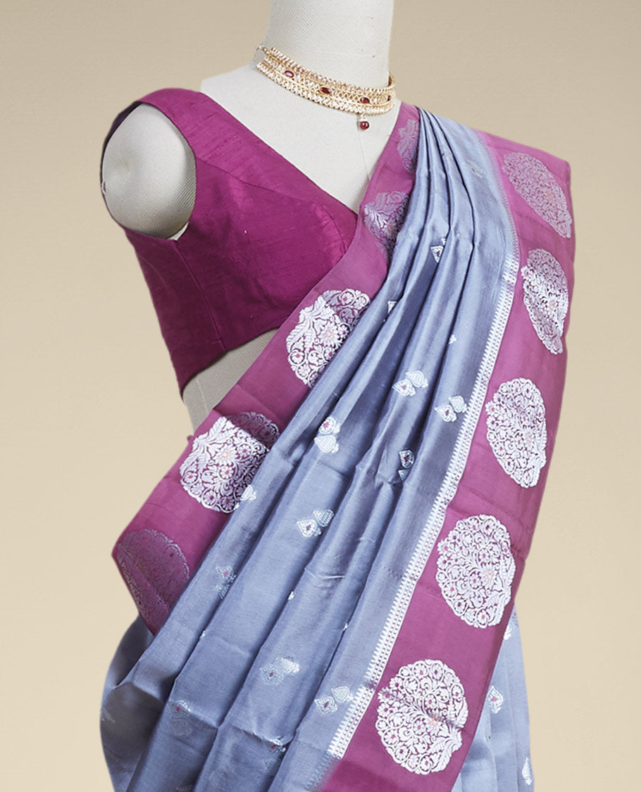 Pothys Grey floral motifs dupion silk saree with contrast round floral motifs zari border Note: slight colour variation of product images due to digit