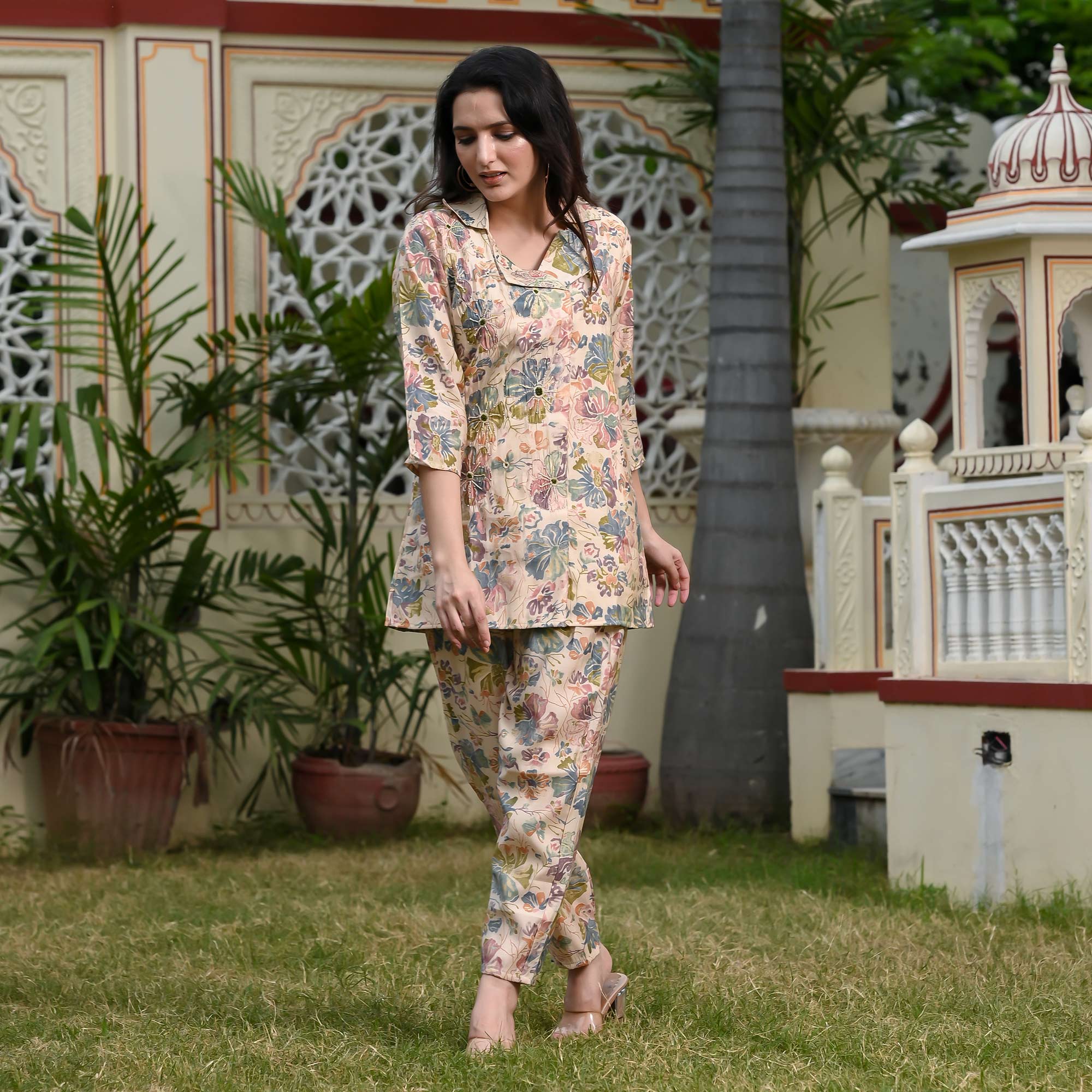 Peachmode Cream Floral Printed Muslin Co Ord Set - view 6
