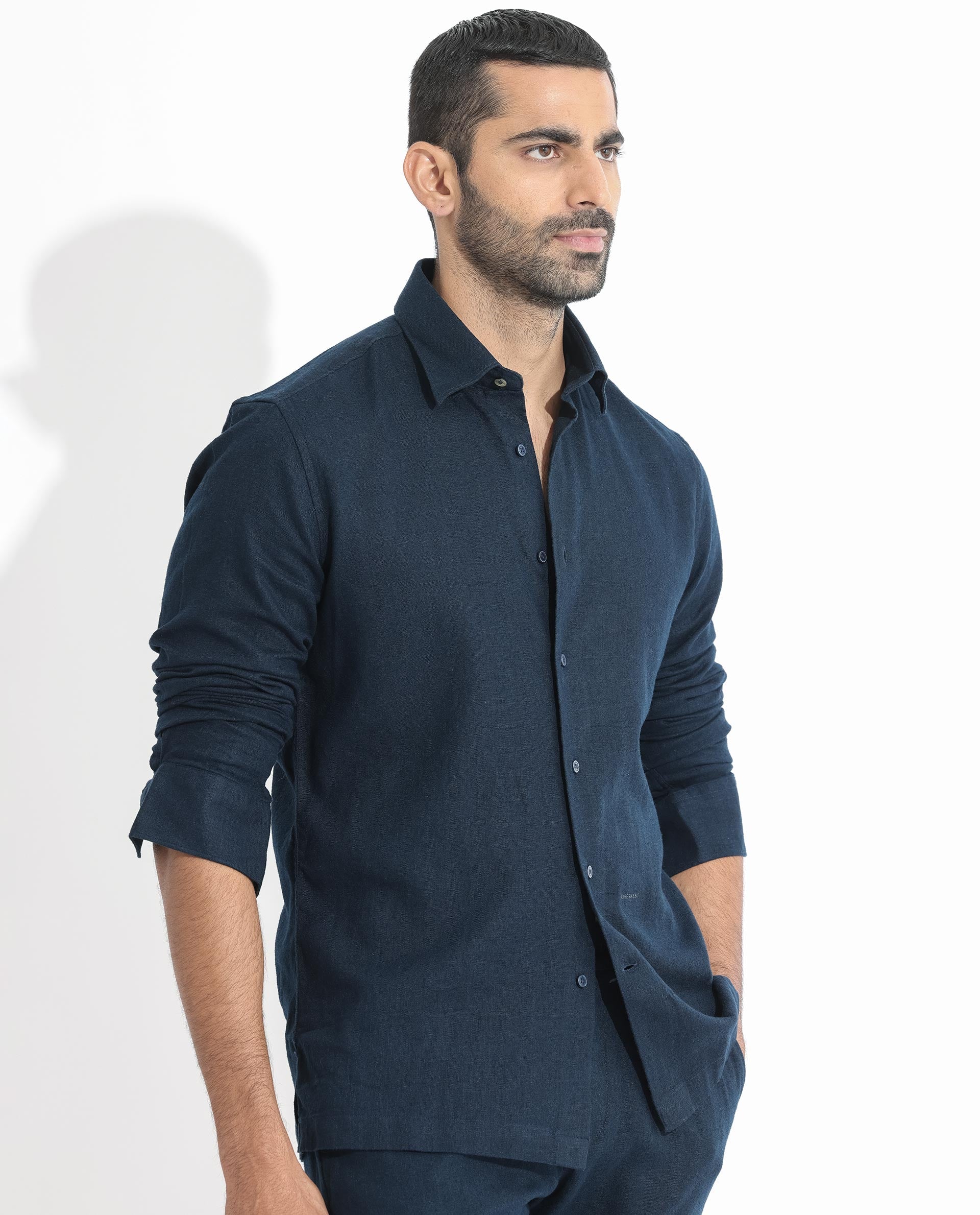Rare Rabbit Men's Lunet Dark Navy Linen Full Sleeves Solid Shirt - view 4