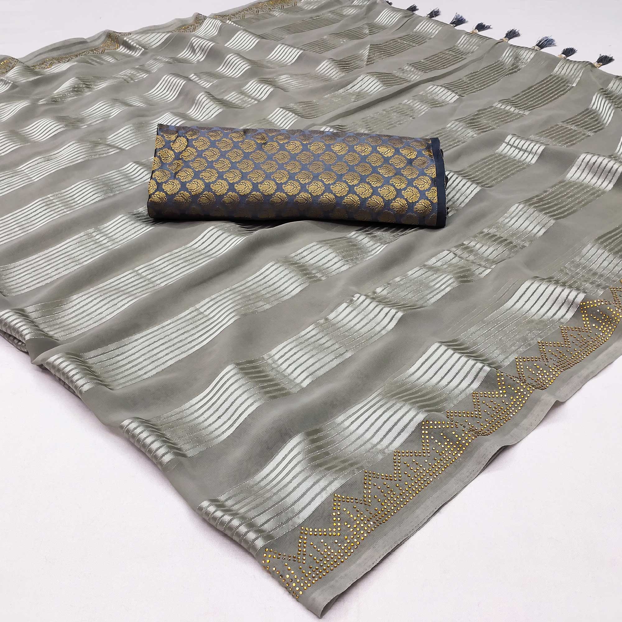Peachmode Grey Striped With Stone Work Georgette Saree