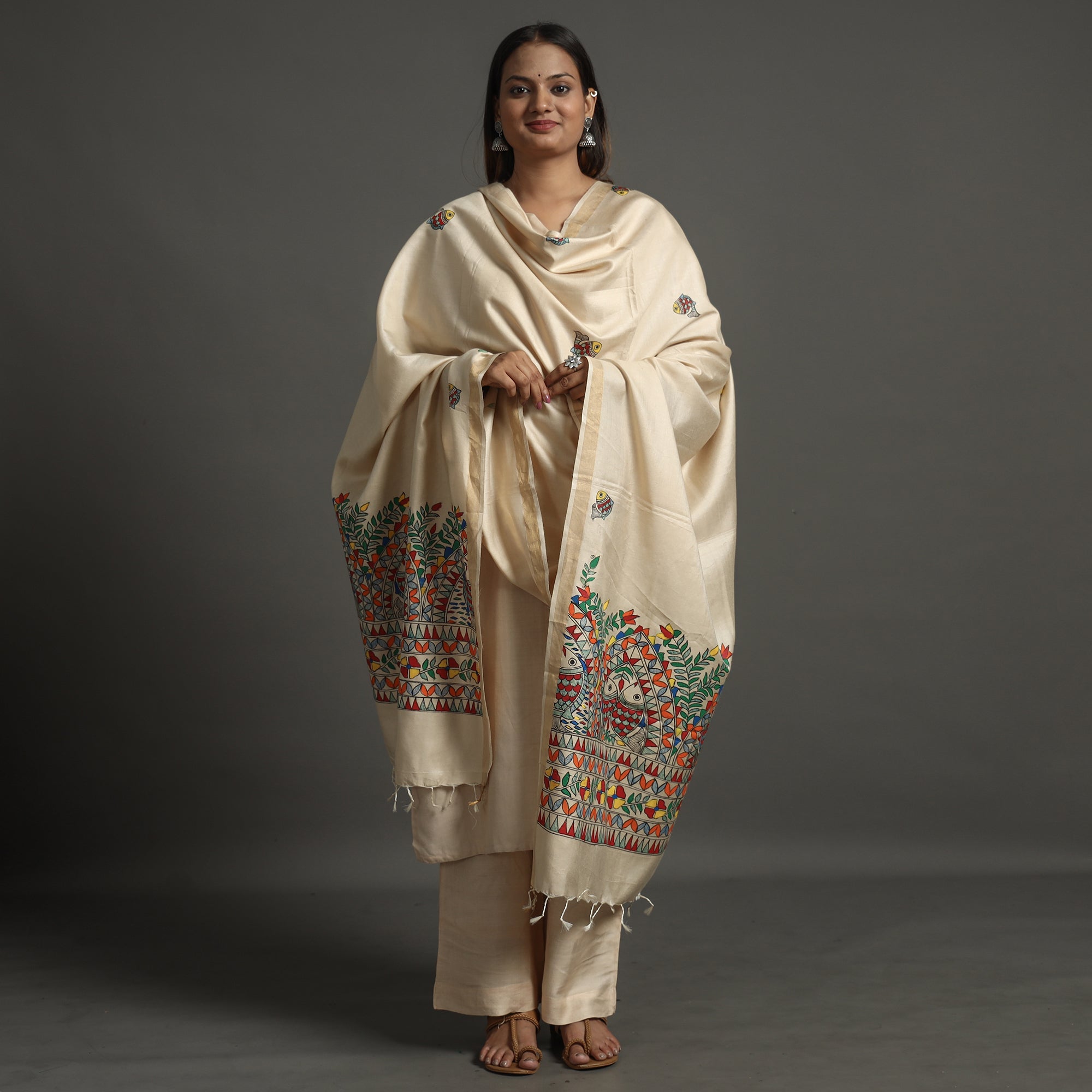 ITOKRI CRAFTS INITIATIVE Beige - Handpainted Tussar Cotton Handloom Madhubani Dupatta 08 - view 3