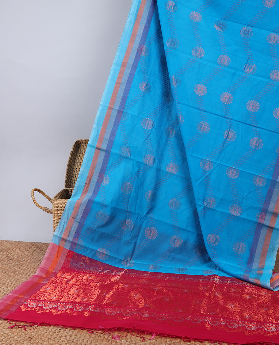 Pothys Blue silk cotton saree with buttas, contrast striped border & pallu of floral designs - view 2