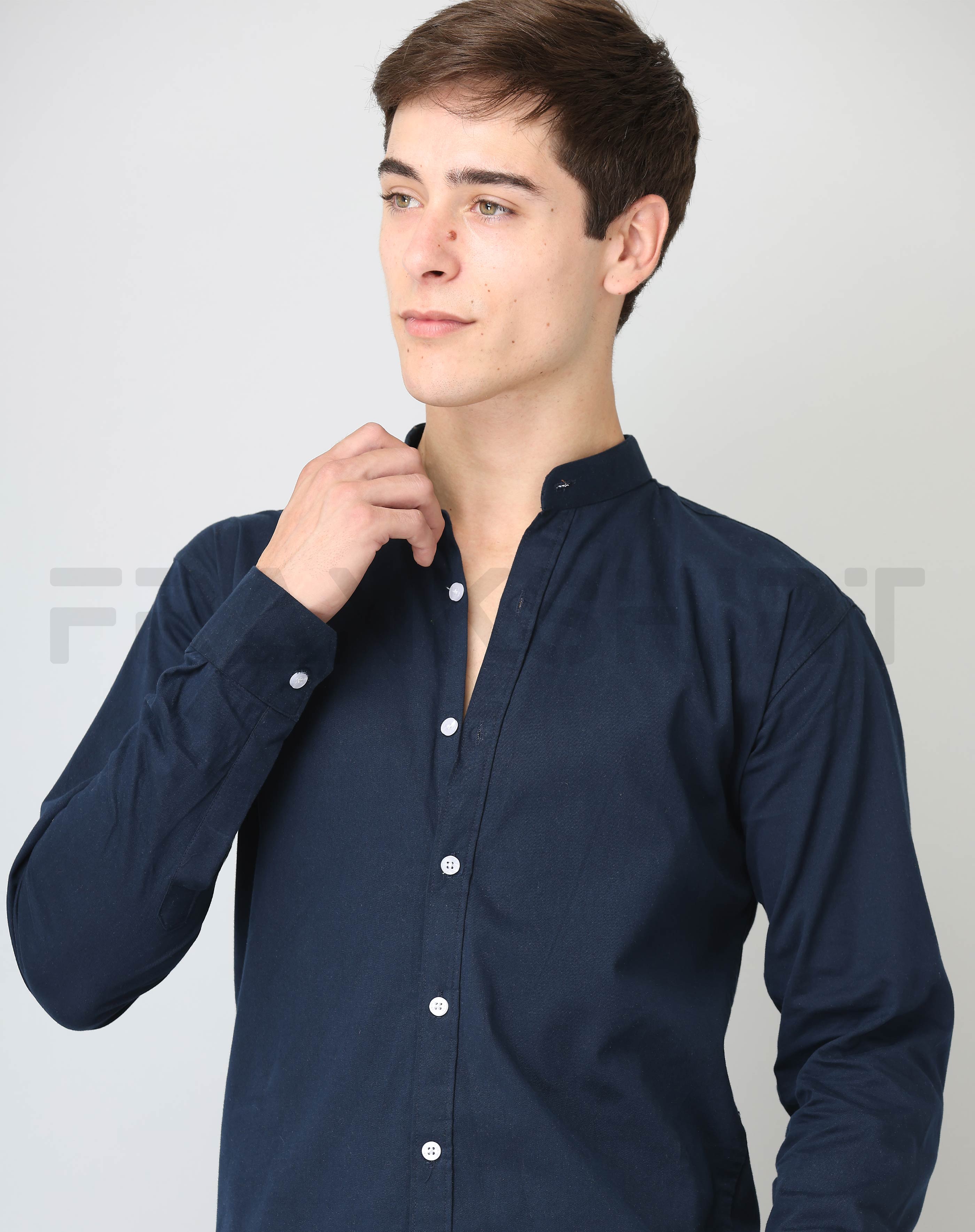 BlackTree Frankshirt Chinese Collar Navy Blue Solid Tailored Fit Cotton Casual Shirt for Man - view 6