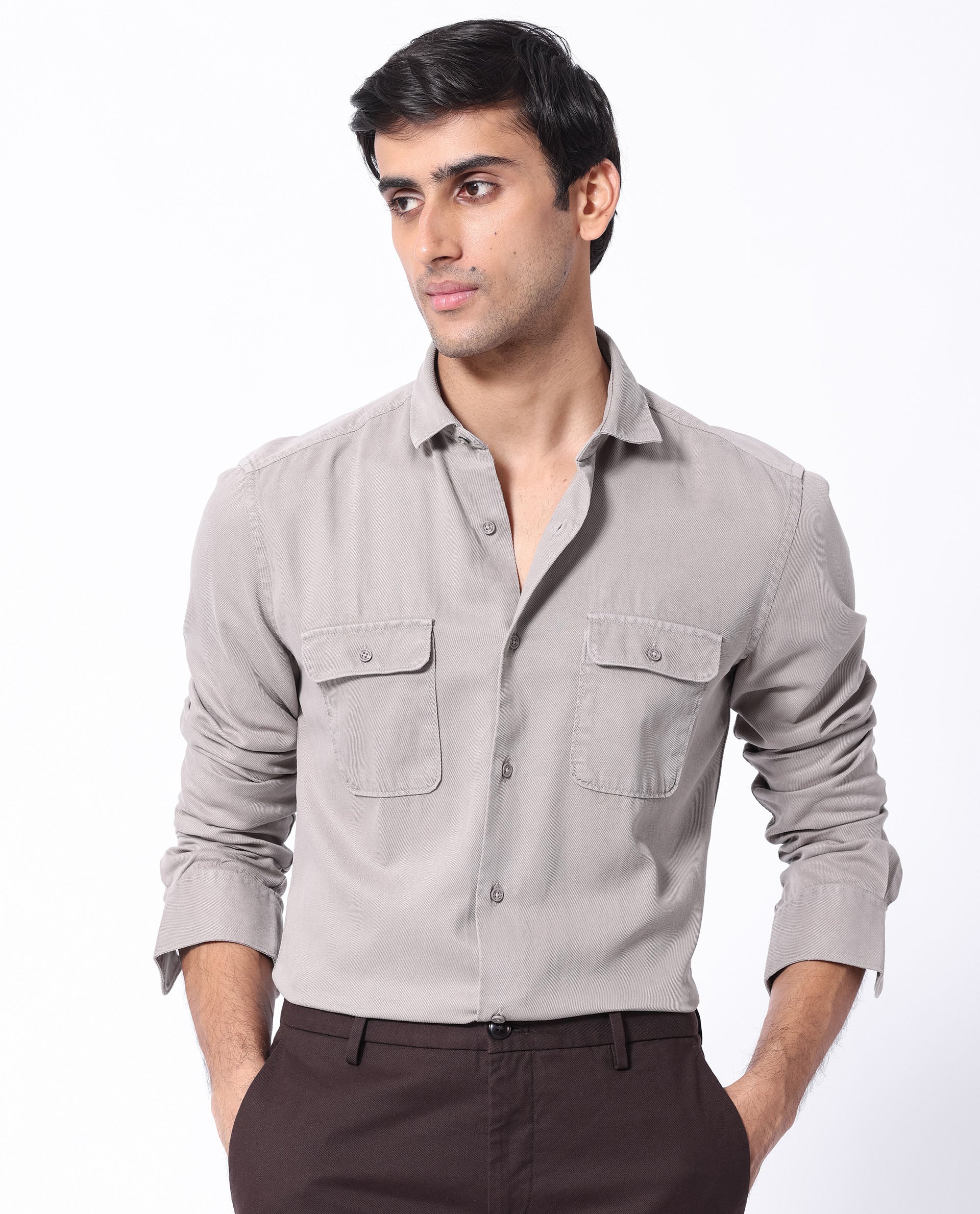 Rare Rabbit Men's Lyton Light Khaki Cotton Fabric Full Sleeves Solid Twill Shirt - view 3